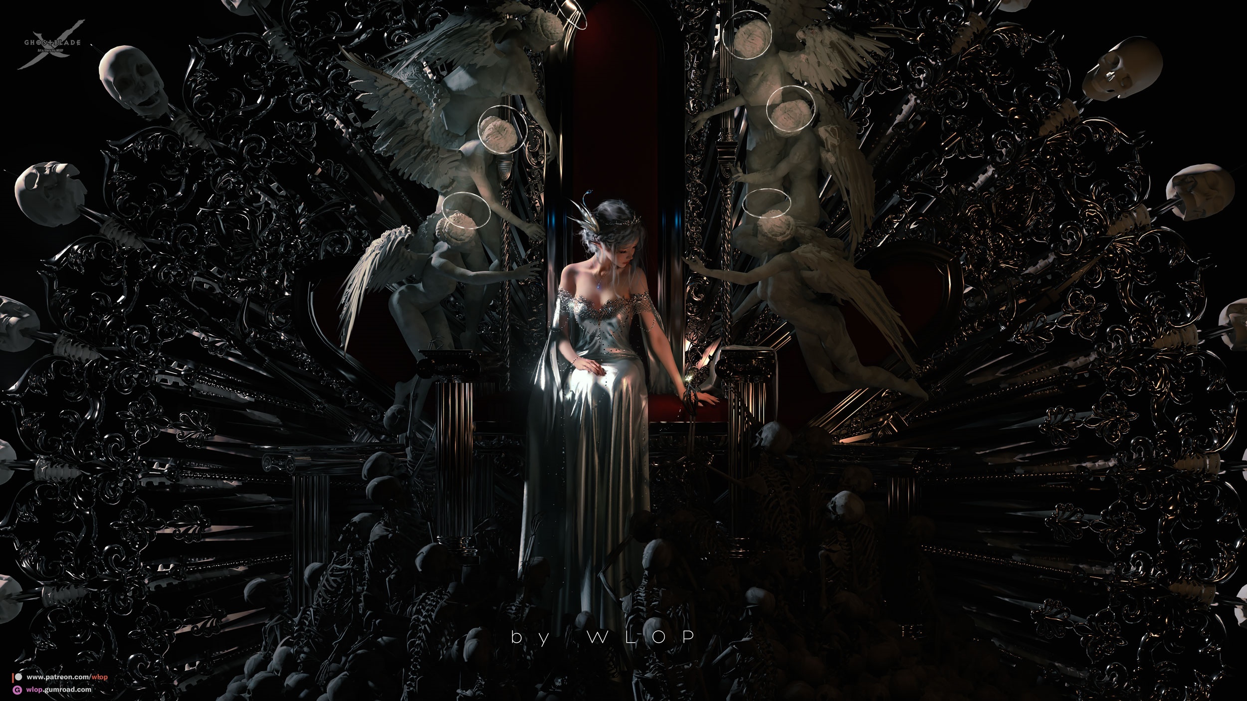 Ghostblade by WLOP: Woman on Throne with Angels and Skulls HD Wallpaper