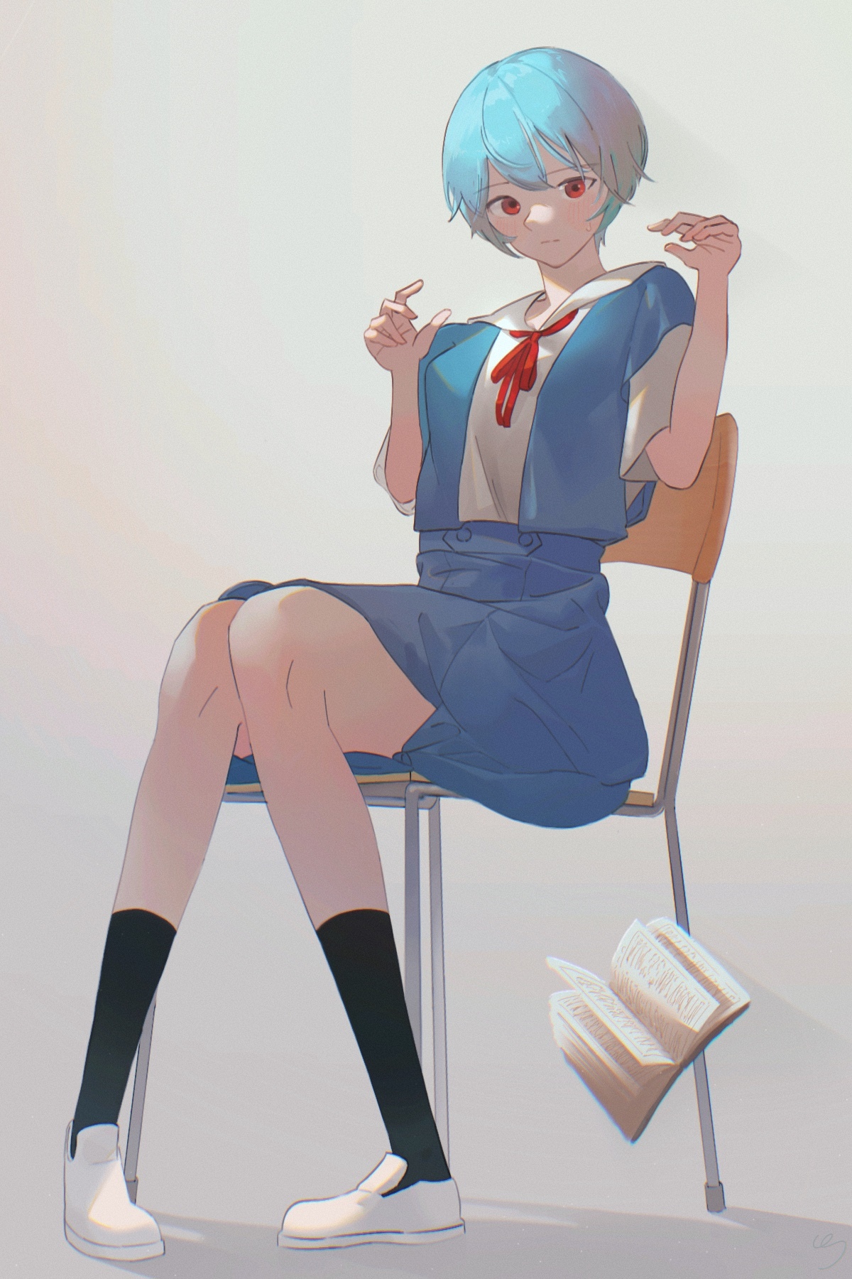 Ayanami Rei sitting on a chair with a book HD Phone Wallpaper