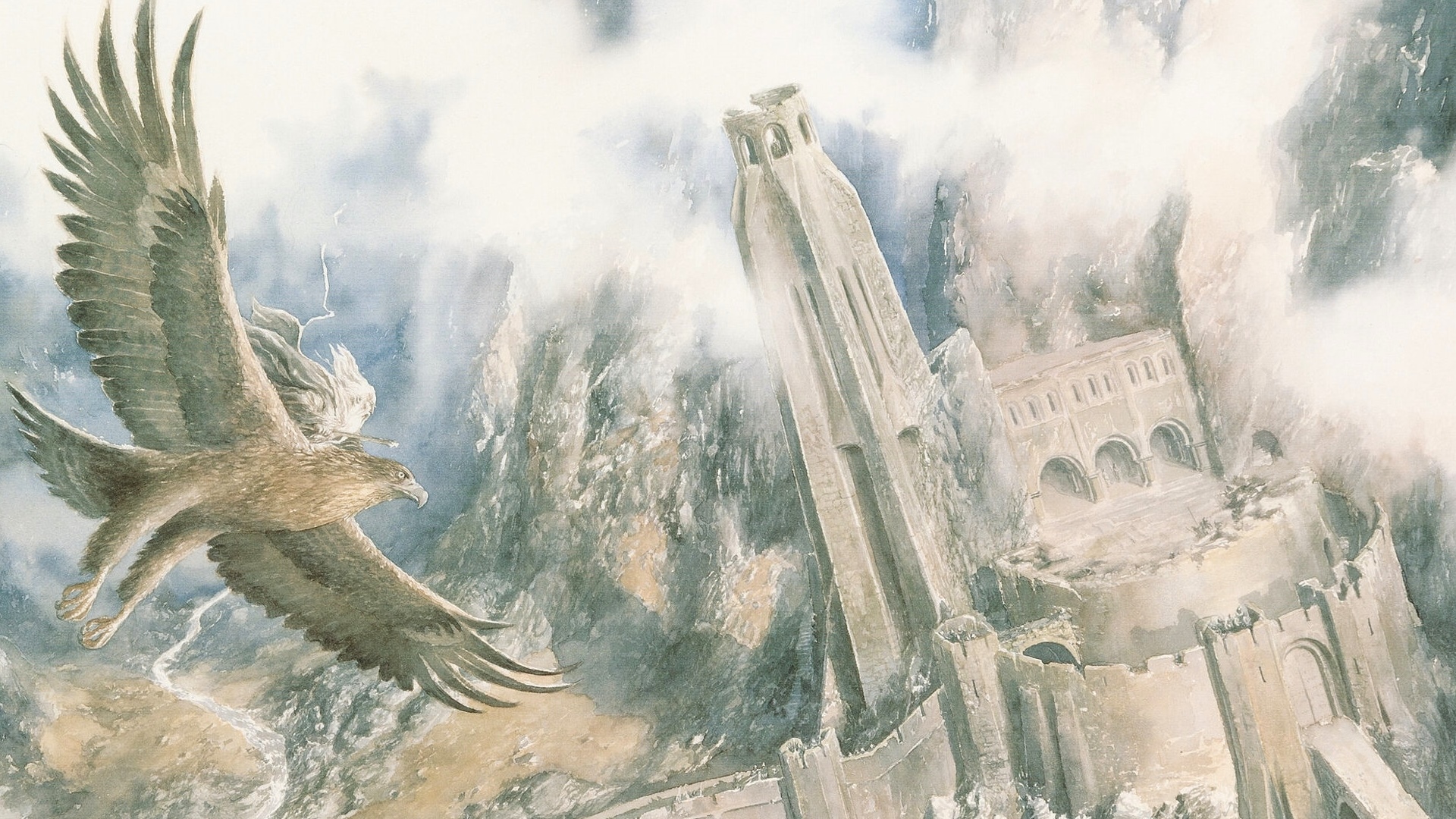 Gandalf riding an eagle near a tower in The Lord of the Rings HD Wallpaper