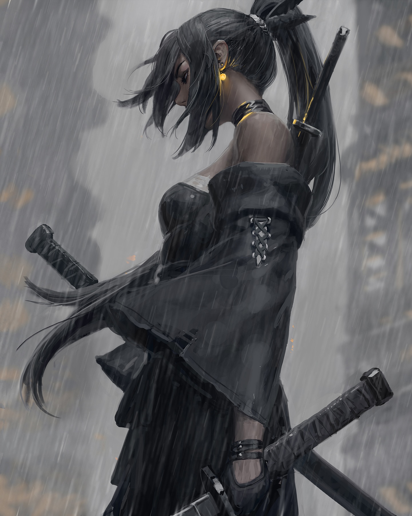 Woman with swords in the rain HD Phone Wallpaper