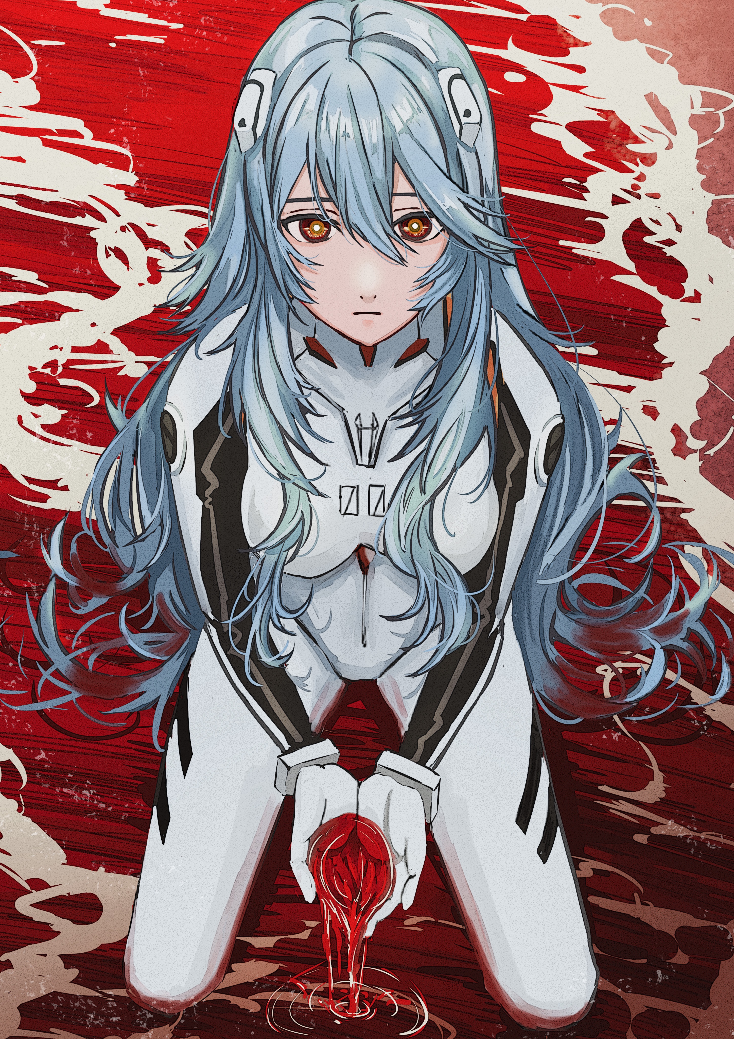 Ayanami Rei in a white bodysuit with red background HD Phone Wallpaper