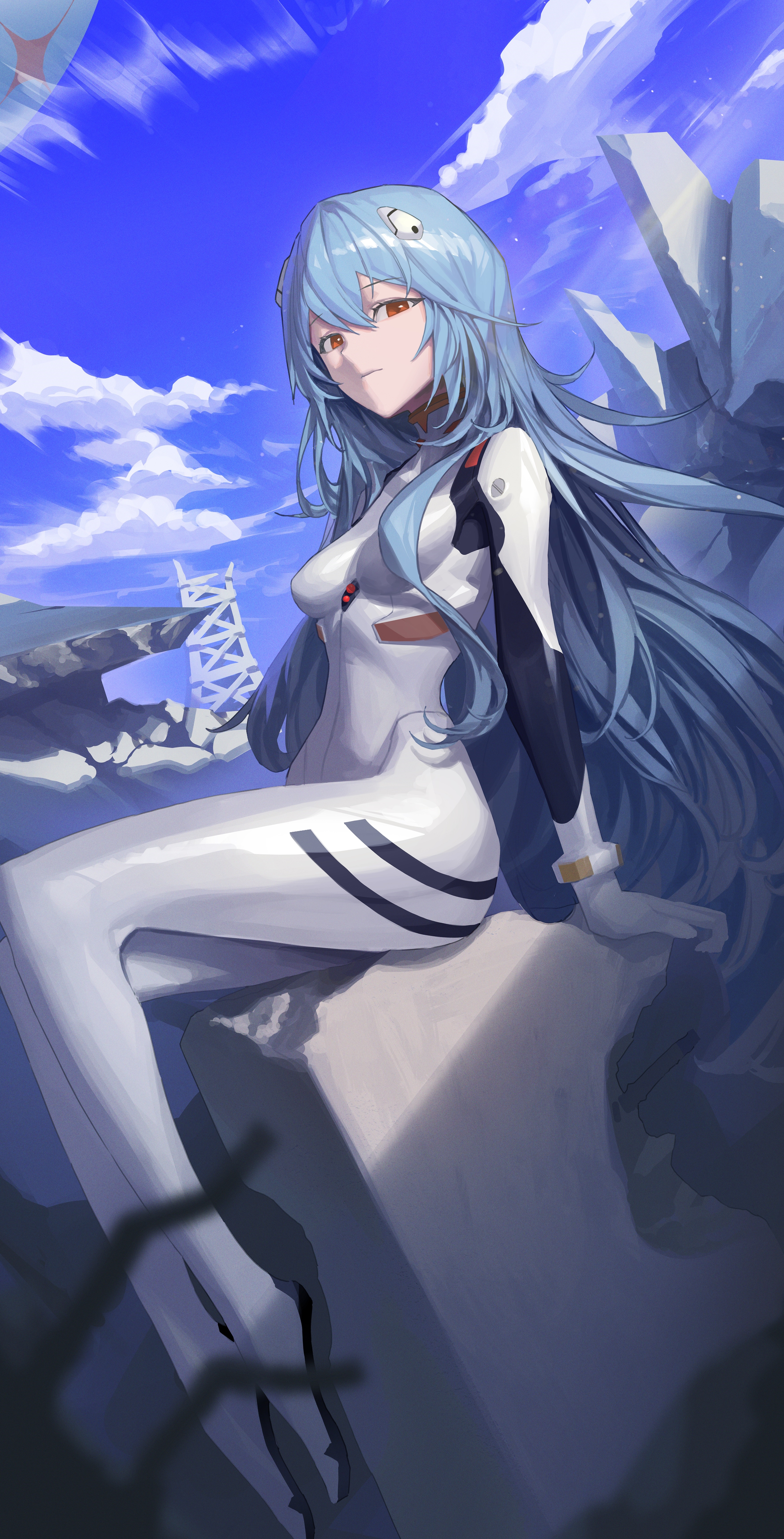 Ayanami Rei in a white bodysuit with blue hair HD Phone Wallpaper
