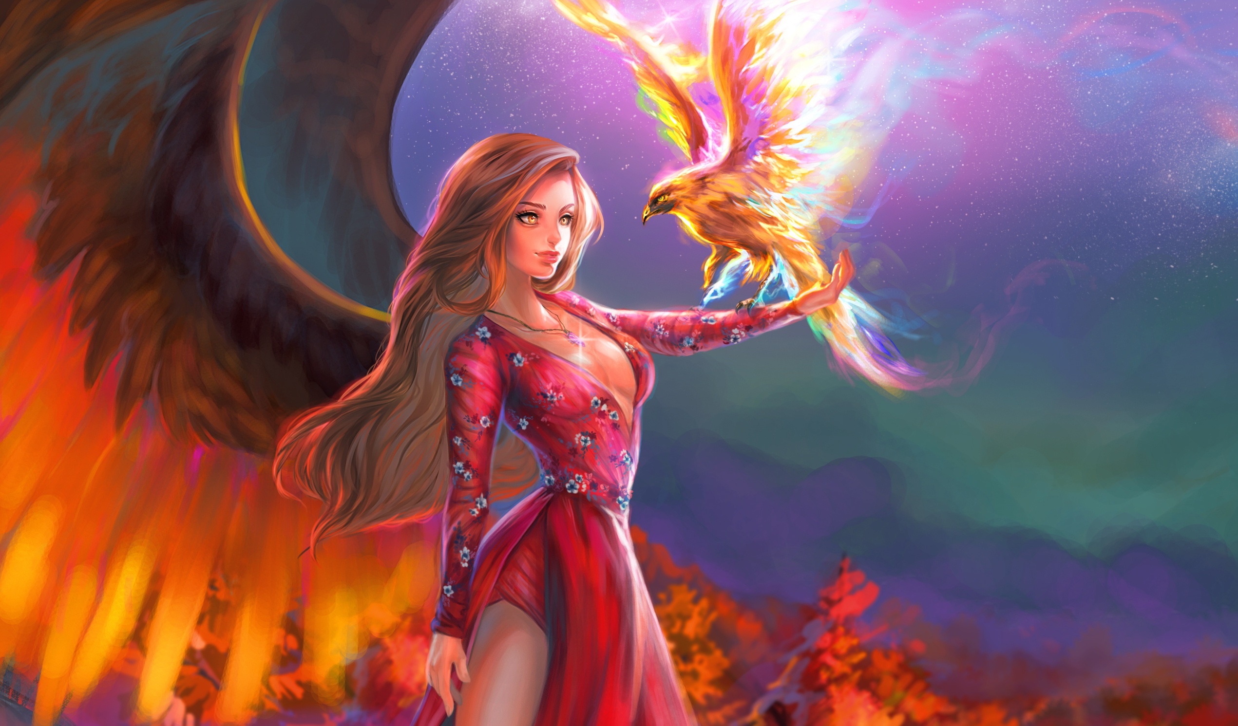 Fantasy girl with phoenix and wings HD Wallpaper