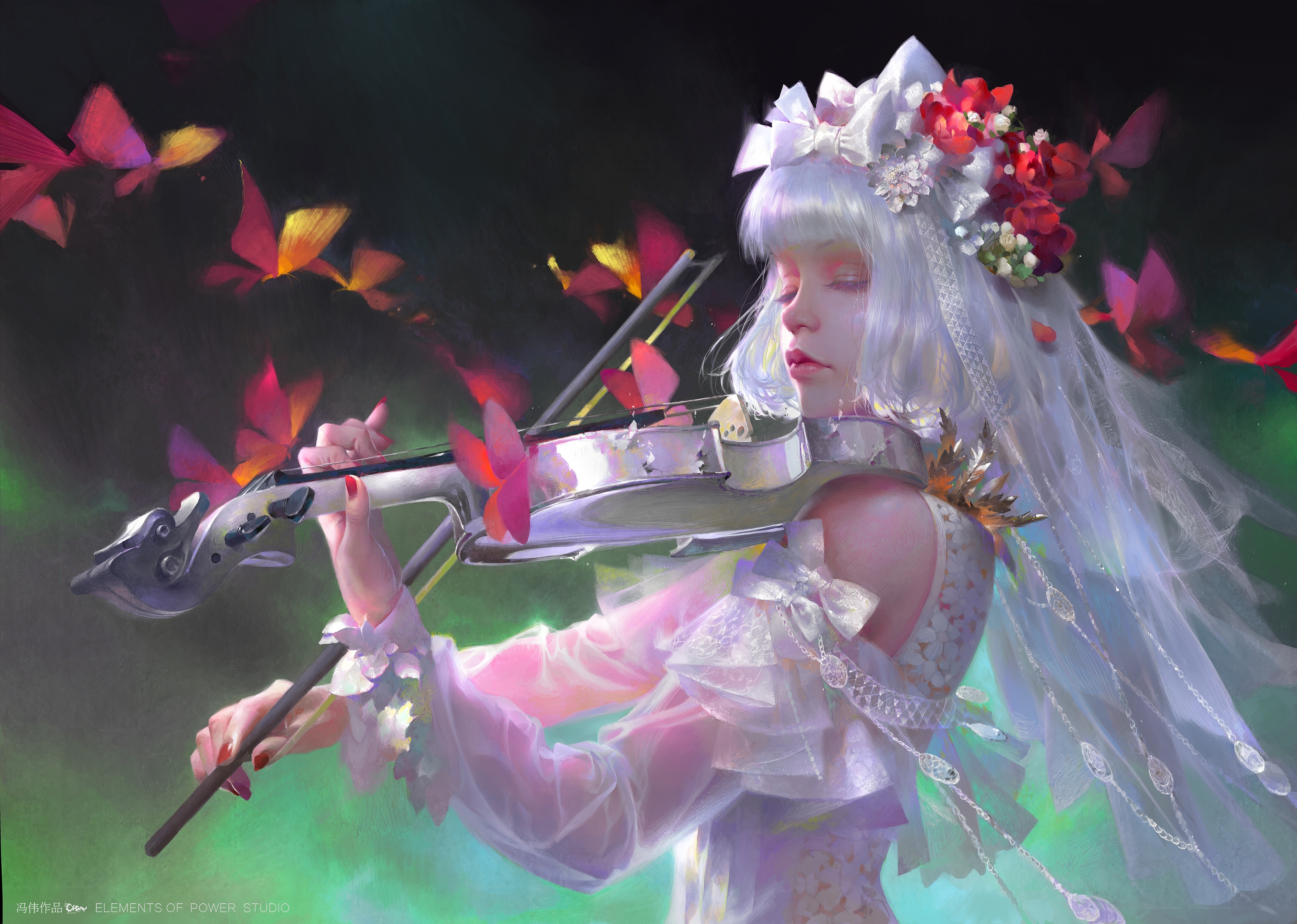 4K Violinist with Butterflies HD Wallpaper