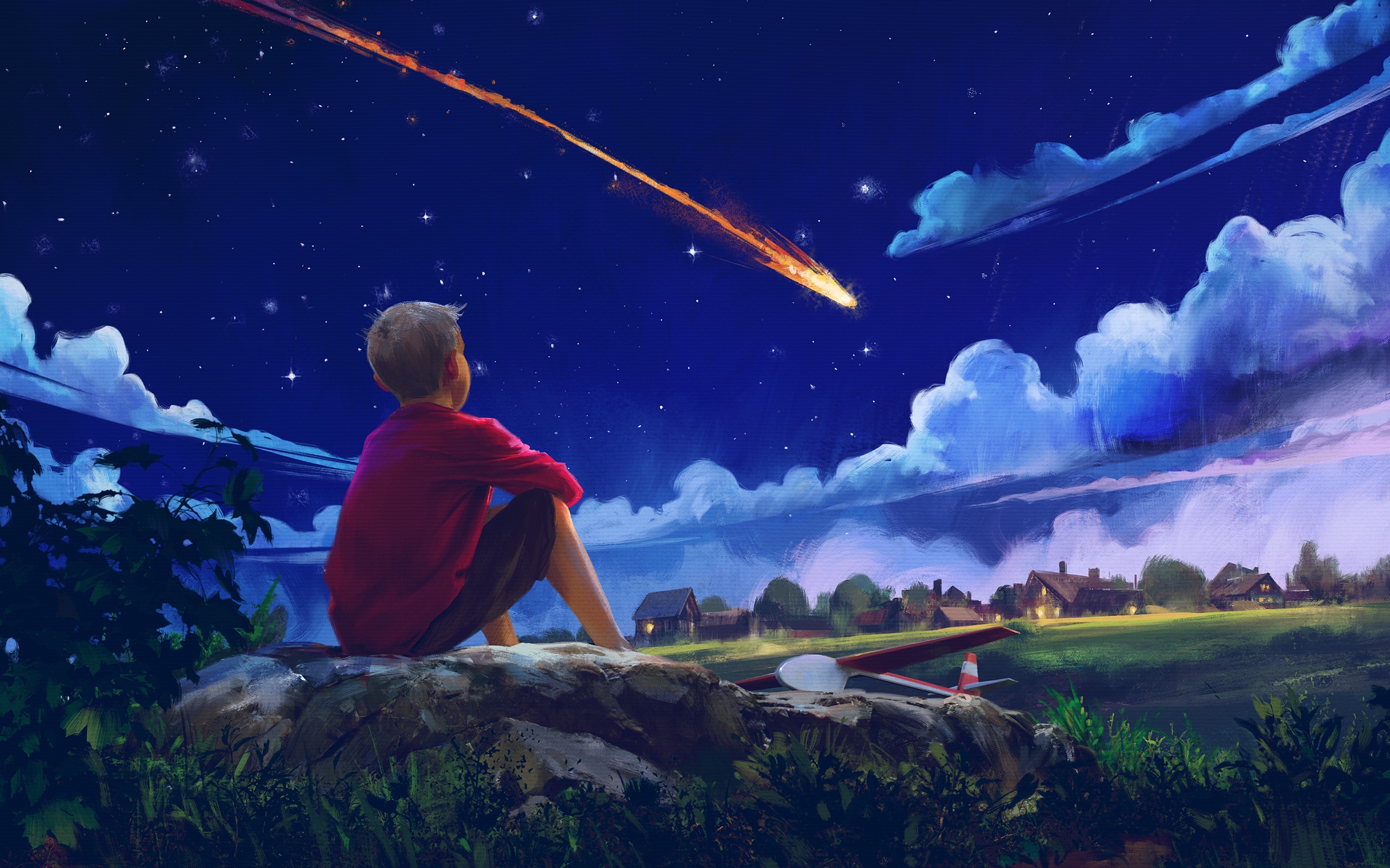 Boy watches a shooting star in the night sky HD Wallpaper