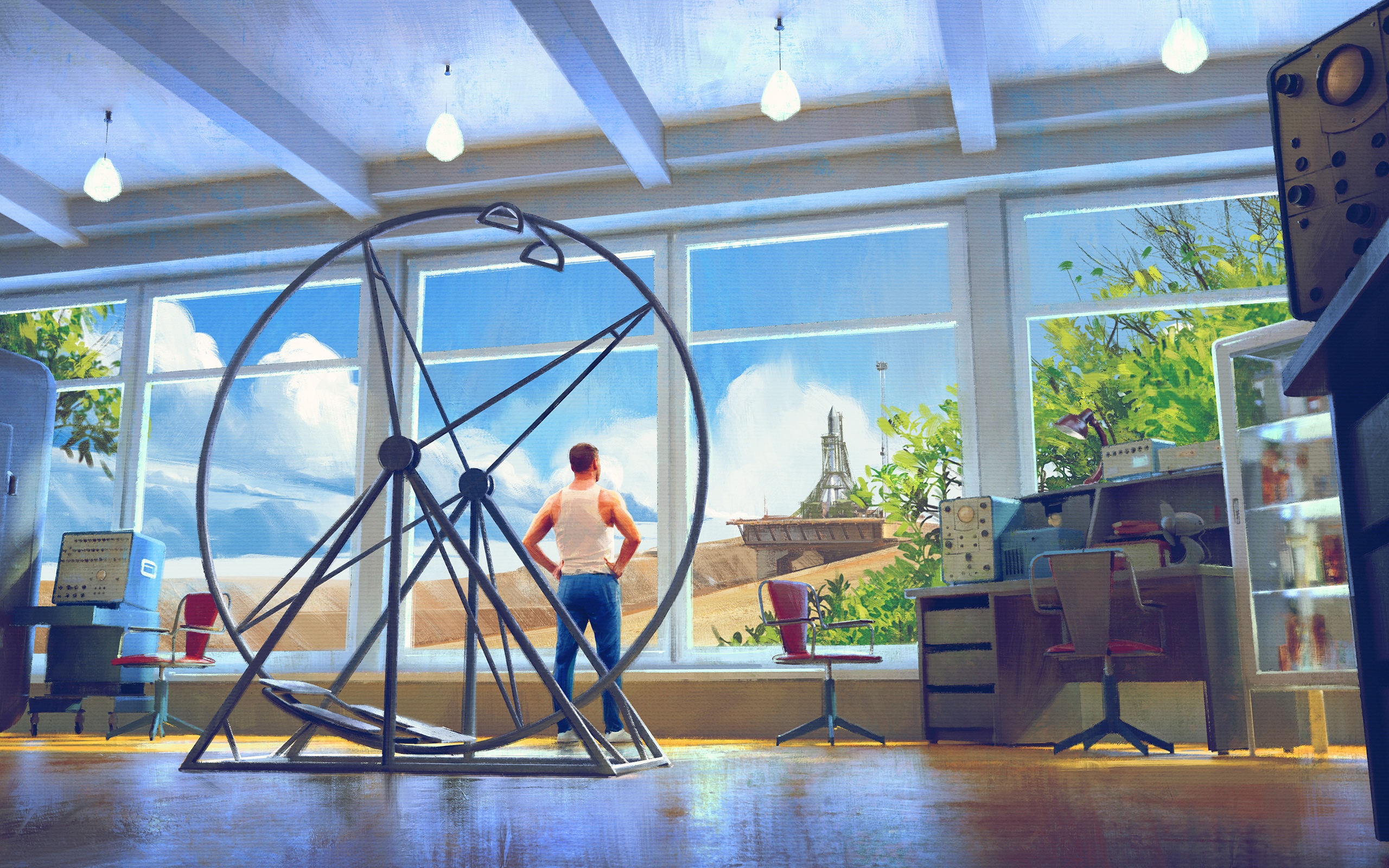 Man in a lab looking out a window at a futuristic landscape HD Wallpaper