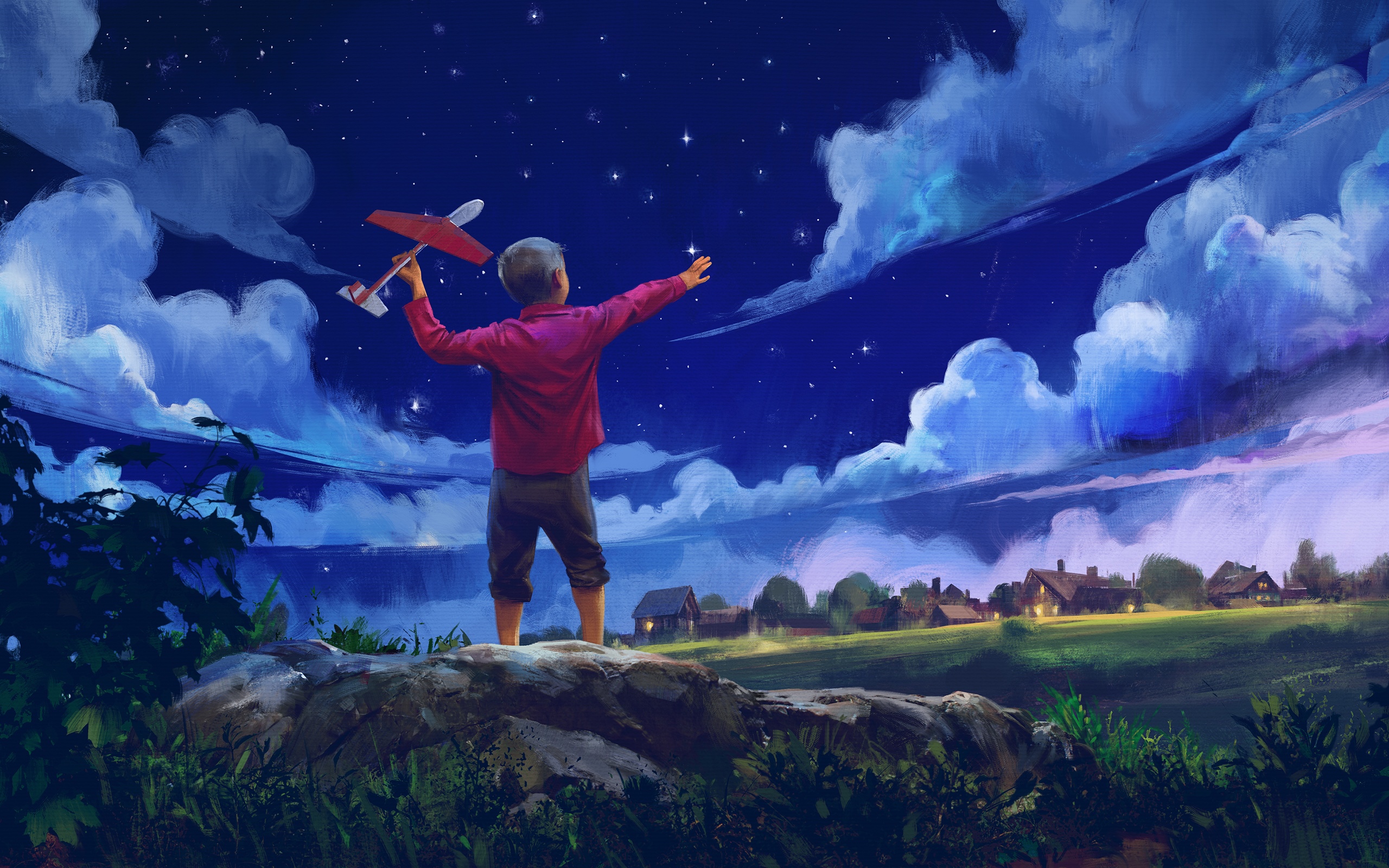 Boy with toy airplane under starry sky HD Wallpaper