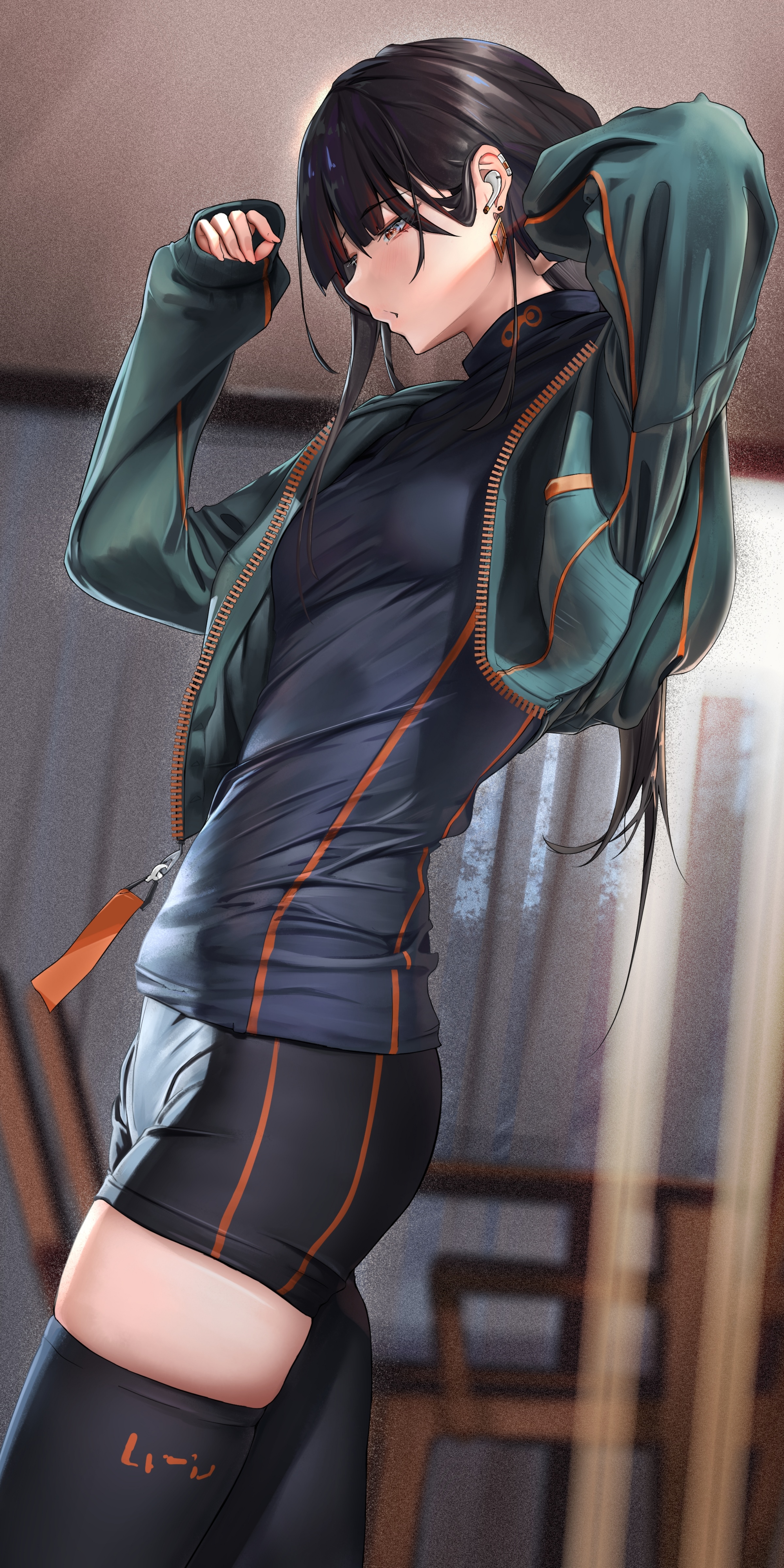 Anime girl in athletic wear adjusting her jacket HD Phone Wallpaper