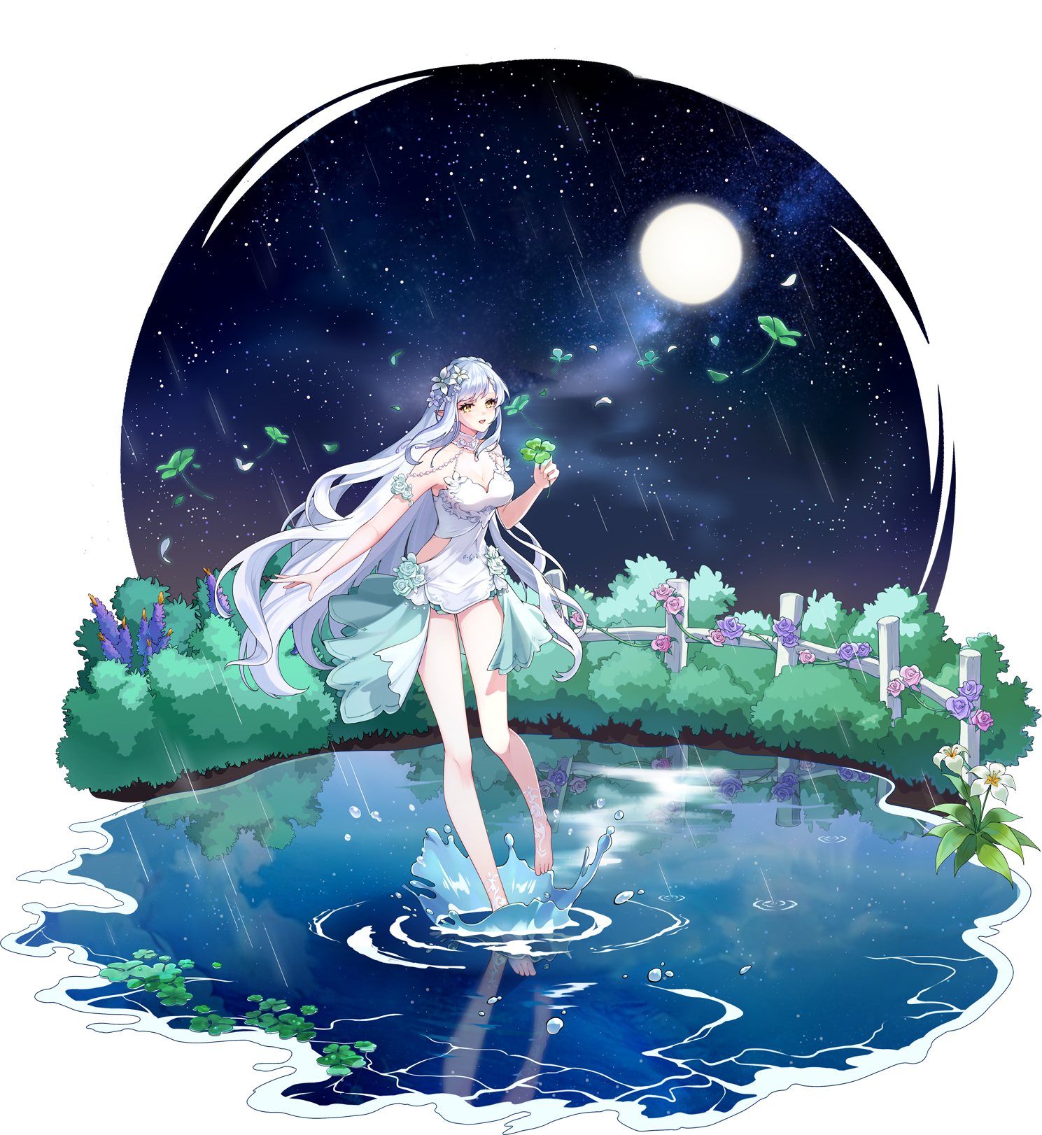 Girl with white hair in a white dress in the rain HD Wallpaper