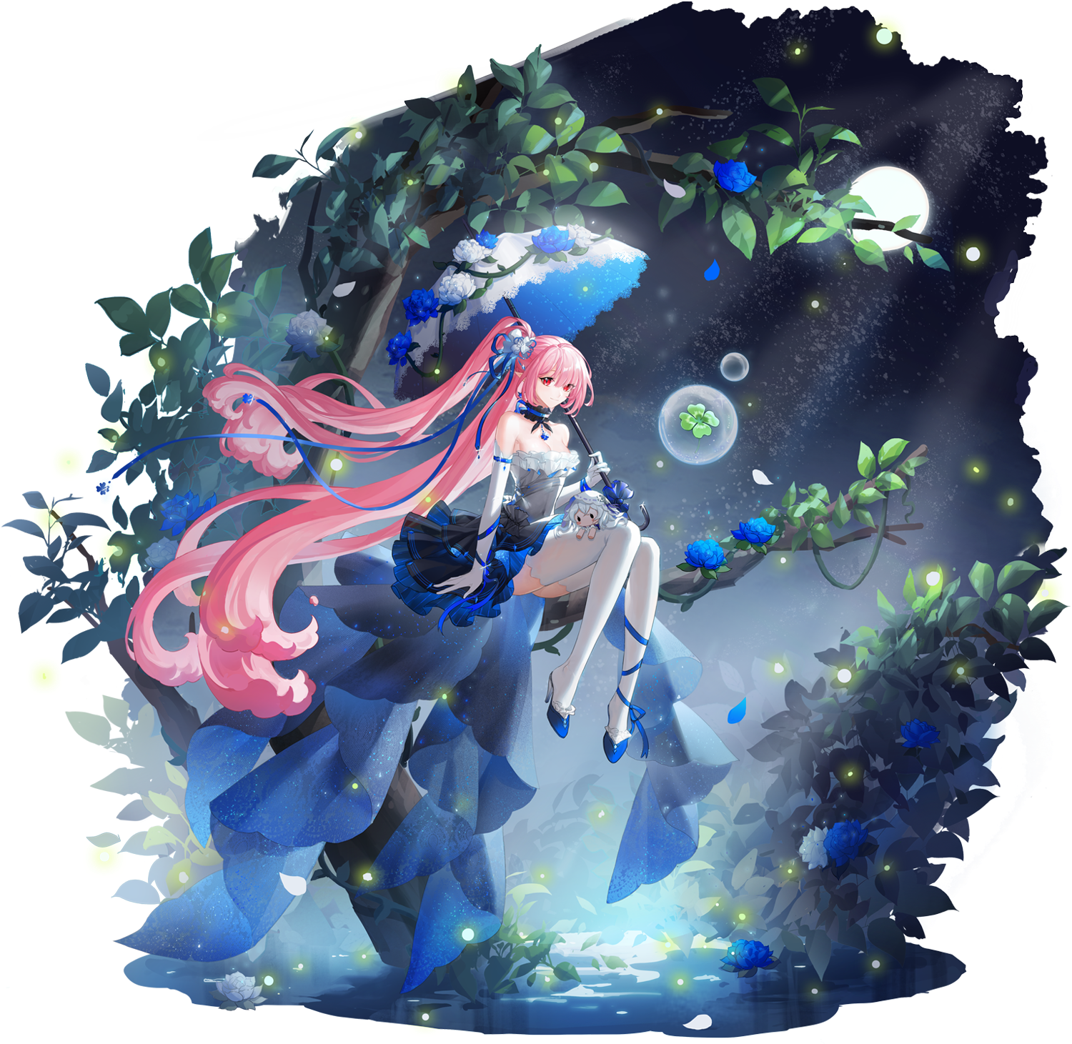 Anime girl with pink hair and blue umbrella HD Wallpaper