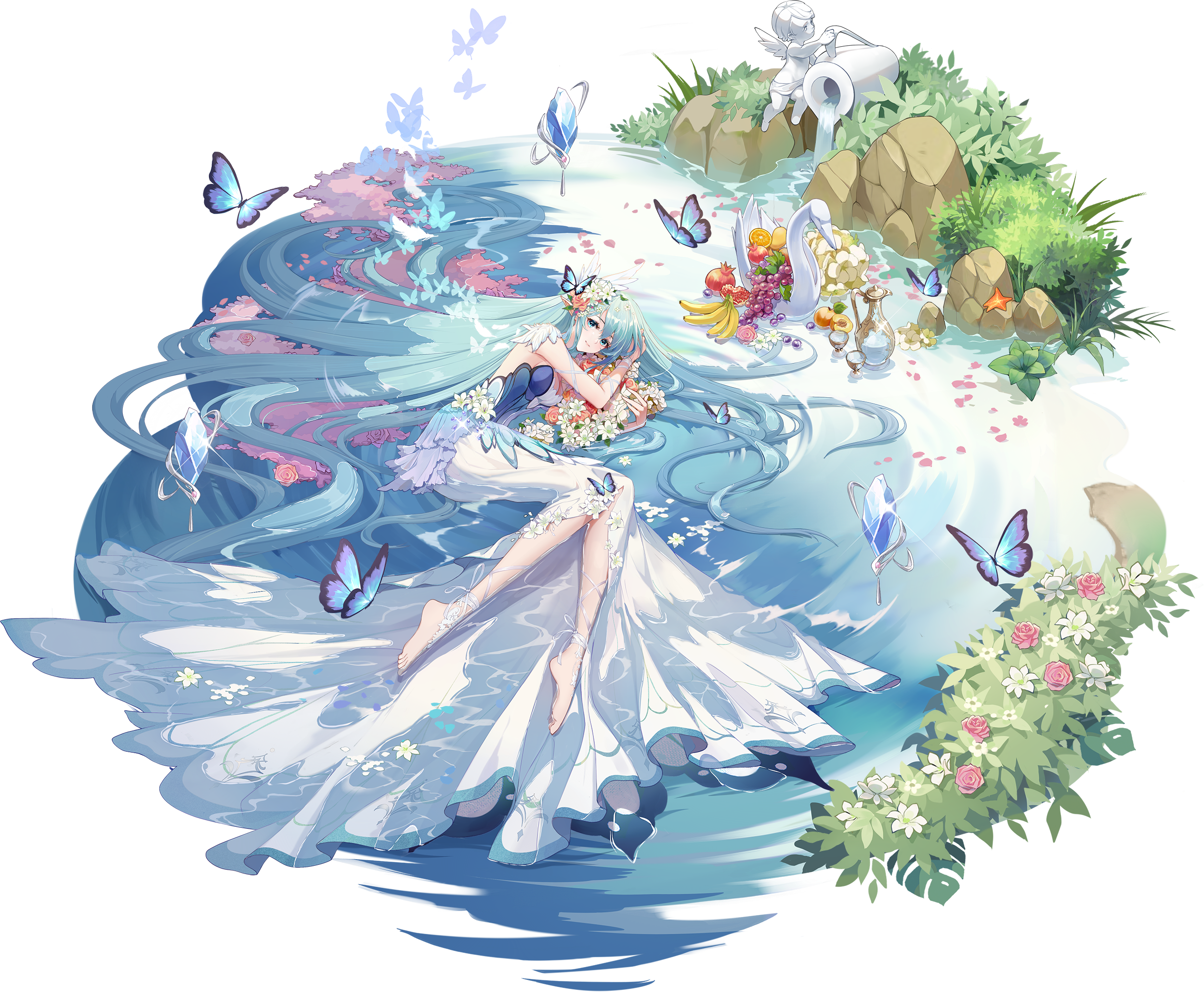 Anime girl with long blue hair and butterflies HD Wallpaper