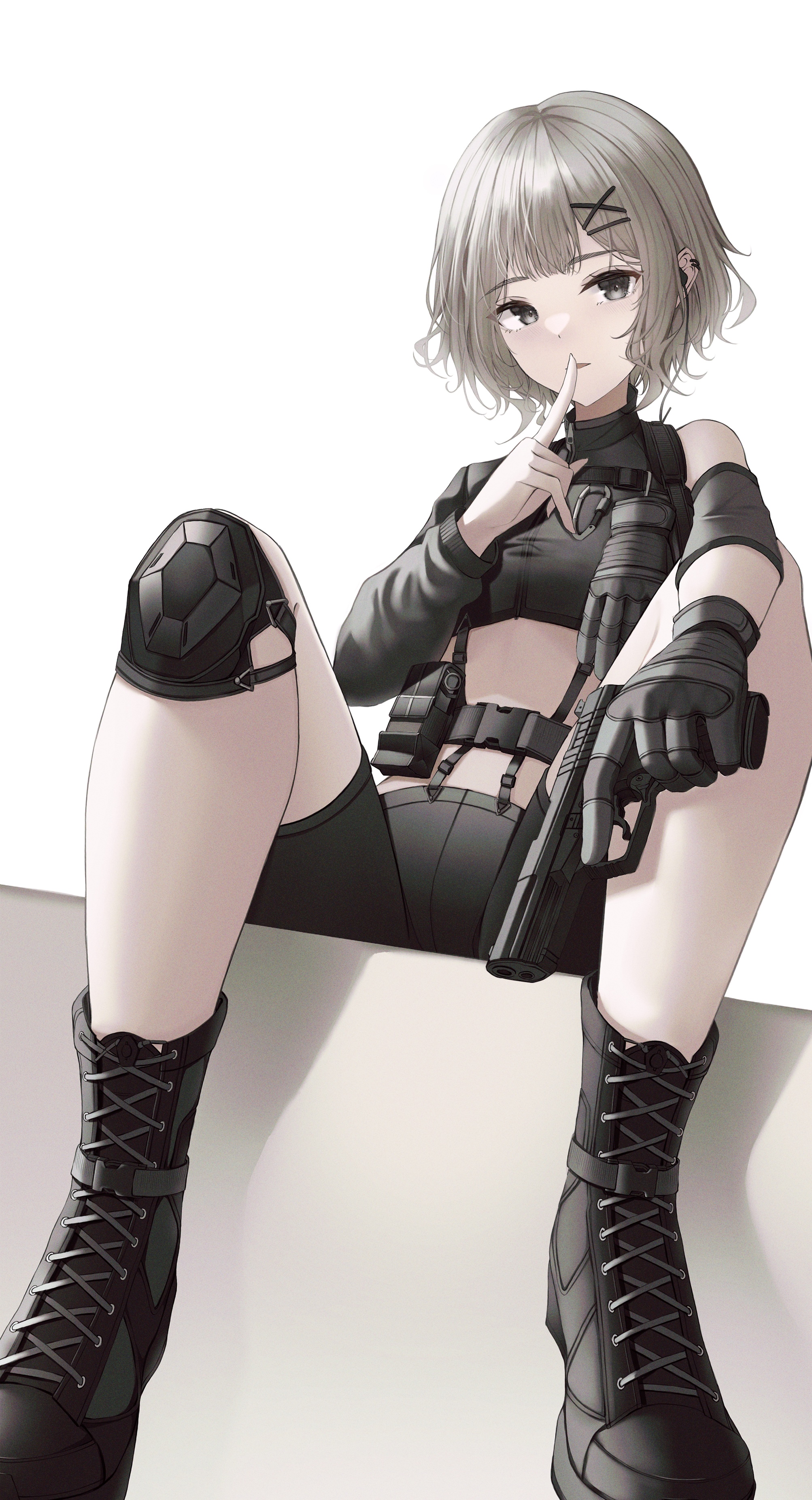 Anime girl in tactical gear holding a pistol HD Phone Wallpaper