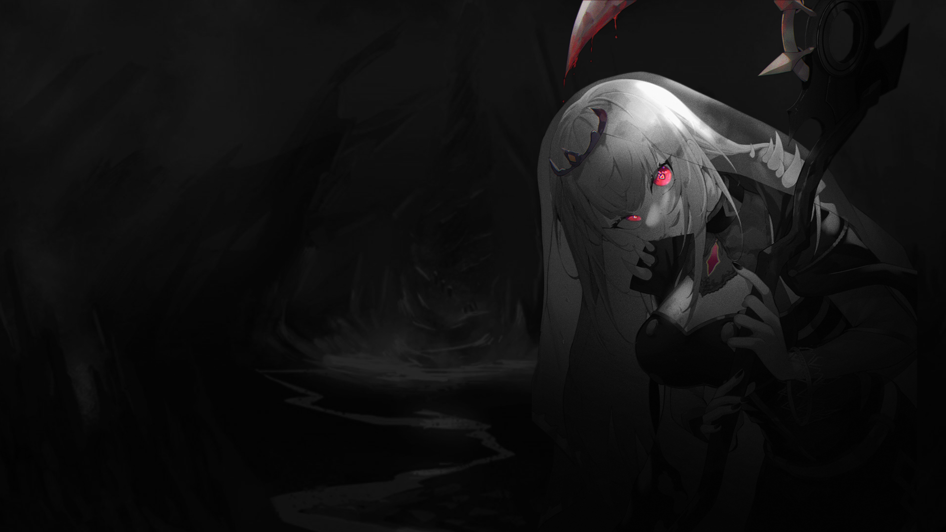 Mori Calliope with glowing red eyes and a scythe HD Wallpaper