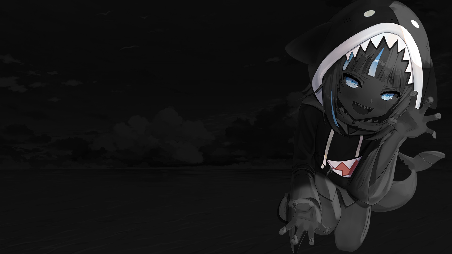 Gawr Gura in a dark, cloudy environment HD Wallpaper