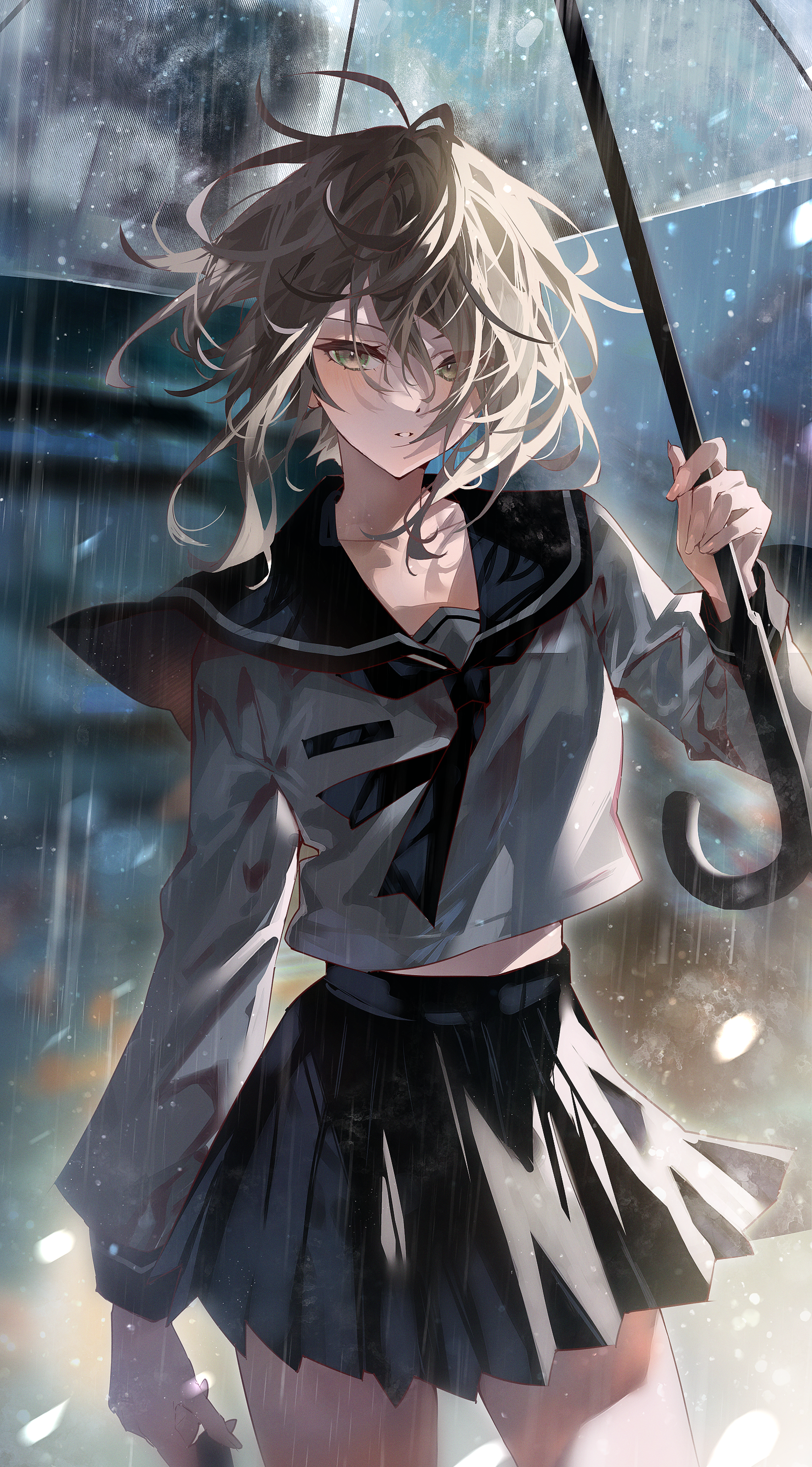 Girl in school uniform holding an umbrella in the rain HD Phone Wallpaper
