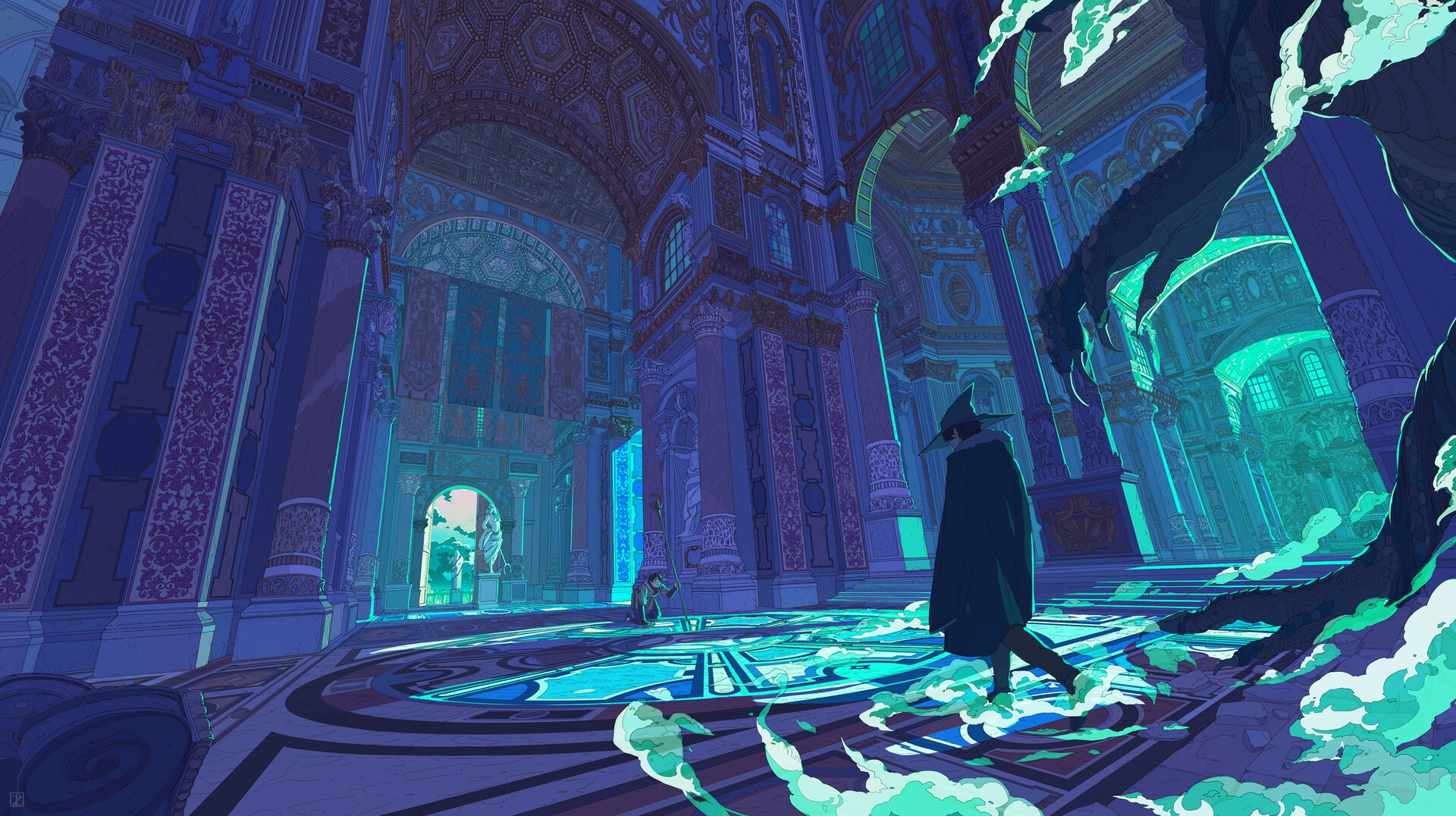 Wizard and dragon in a fantasy castle HD Wallpaper