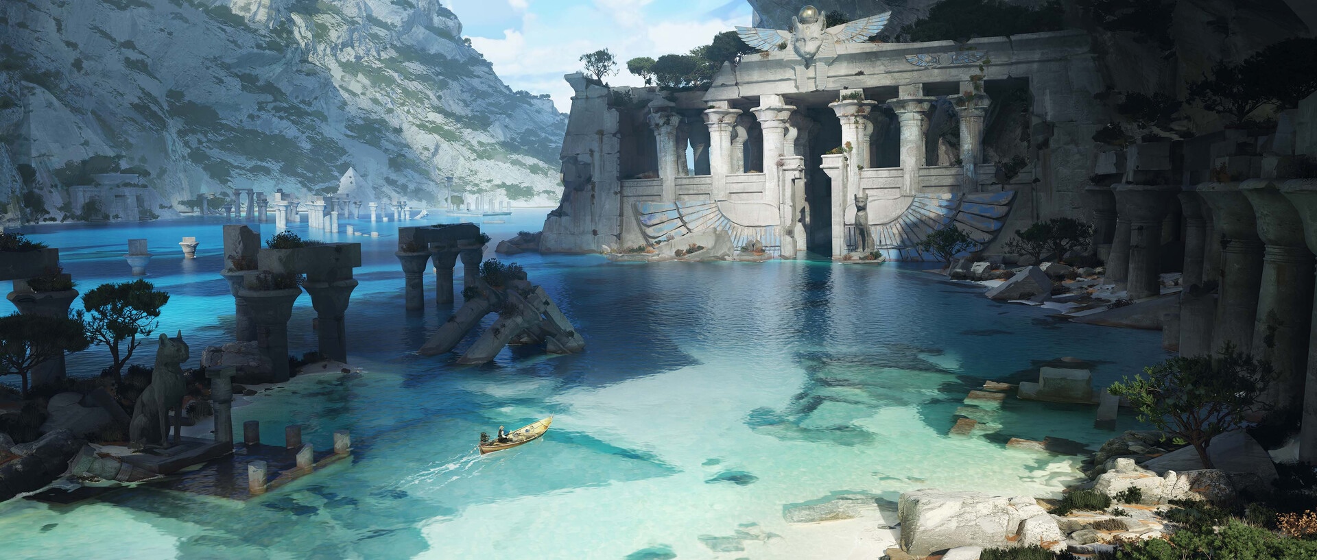 Ancient Egyptian ruins by the water HD Wallpaper
