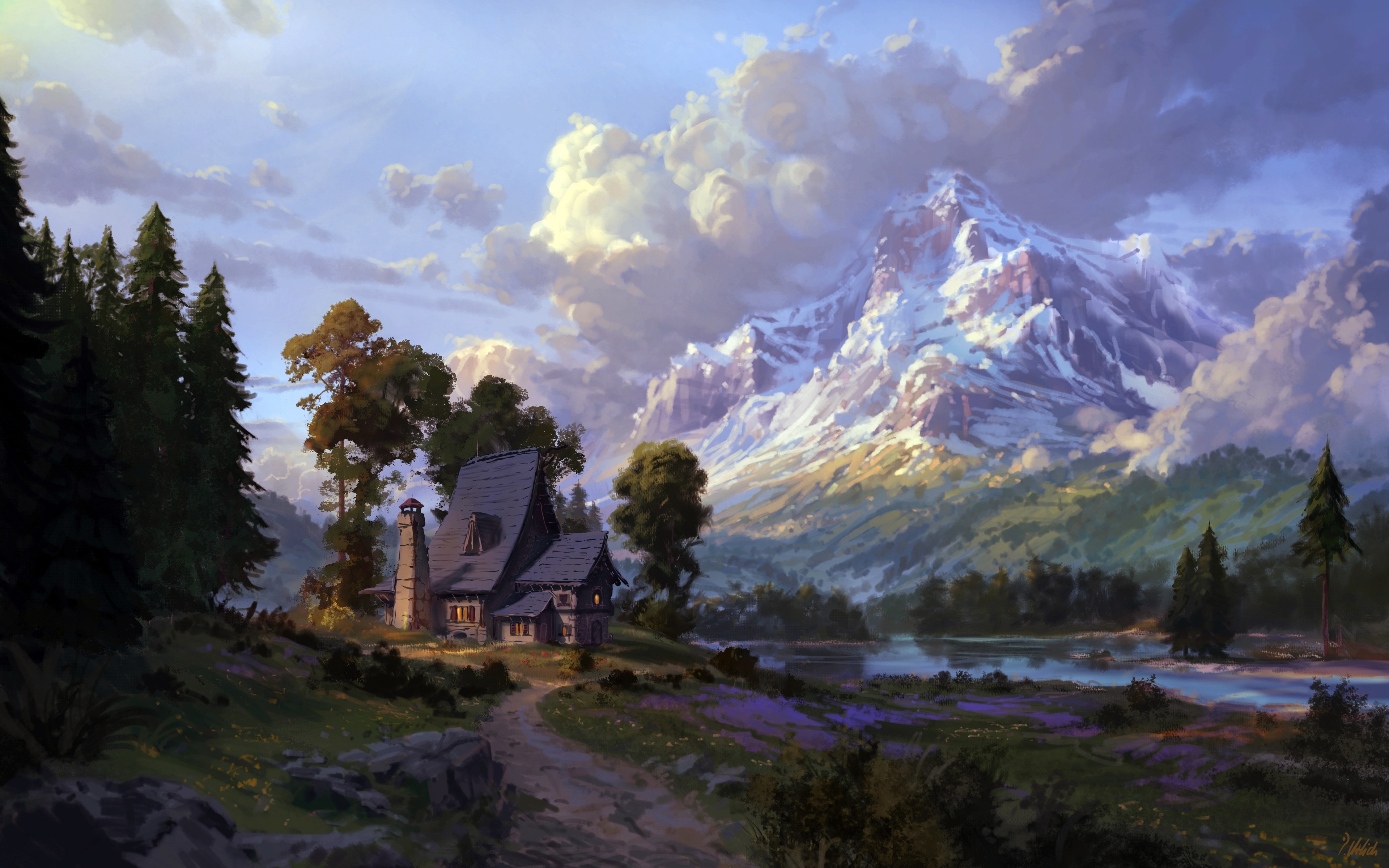 4K mountain landscape with a house and trees HD Wallpaper