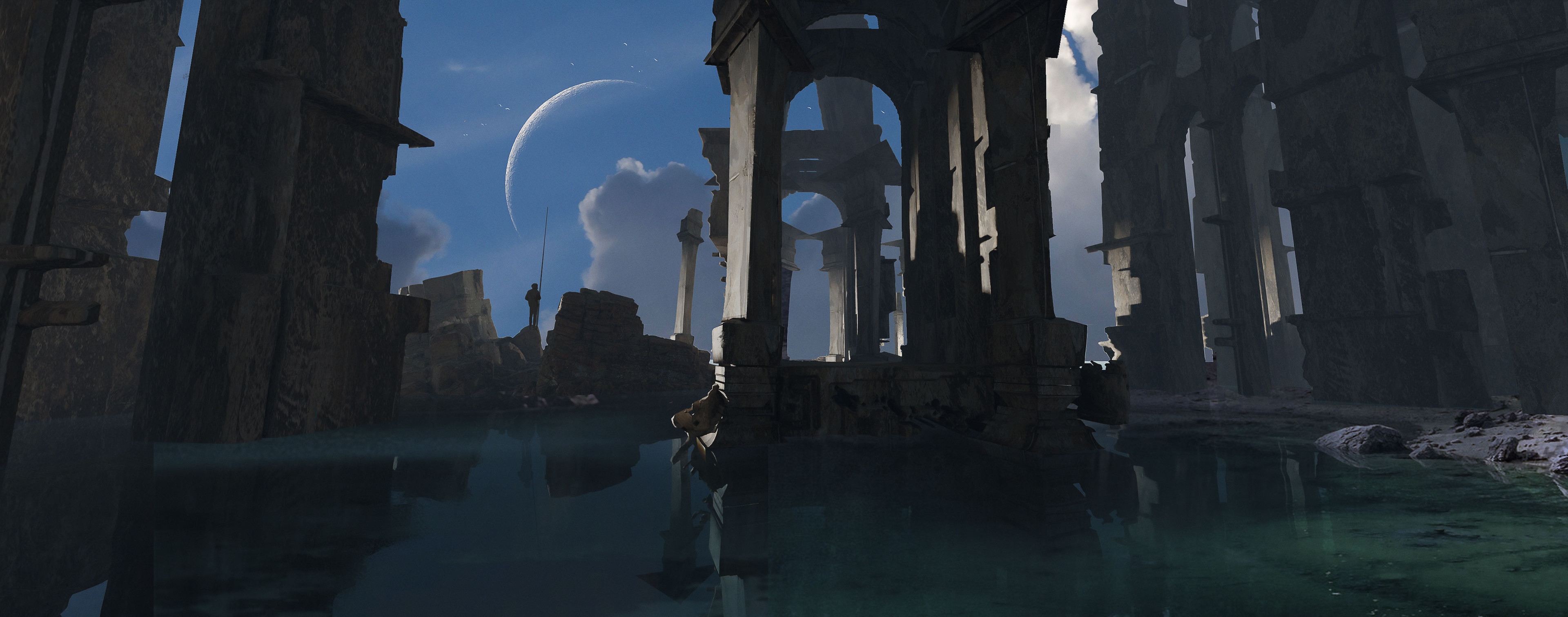 Ruined structures in a watery landscape under a large moon HD Wallpaper