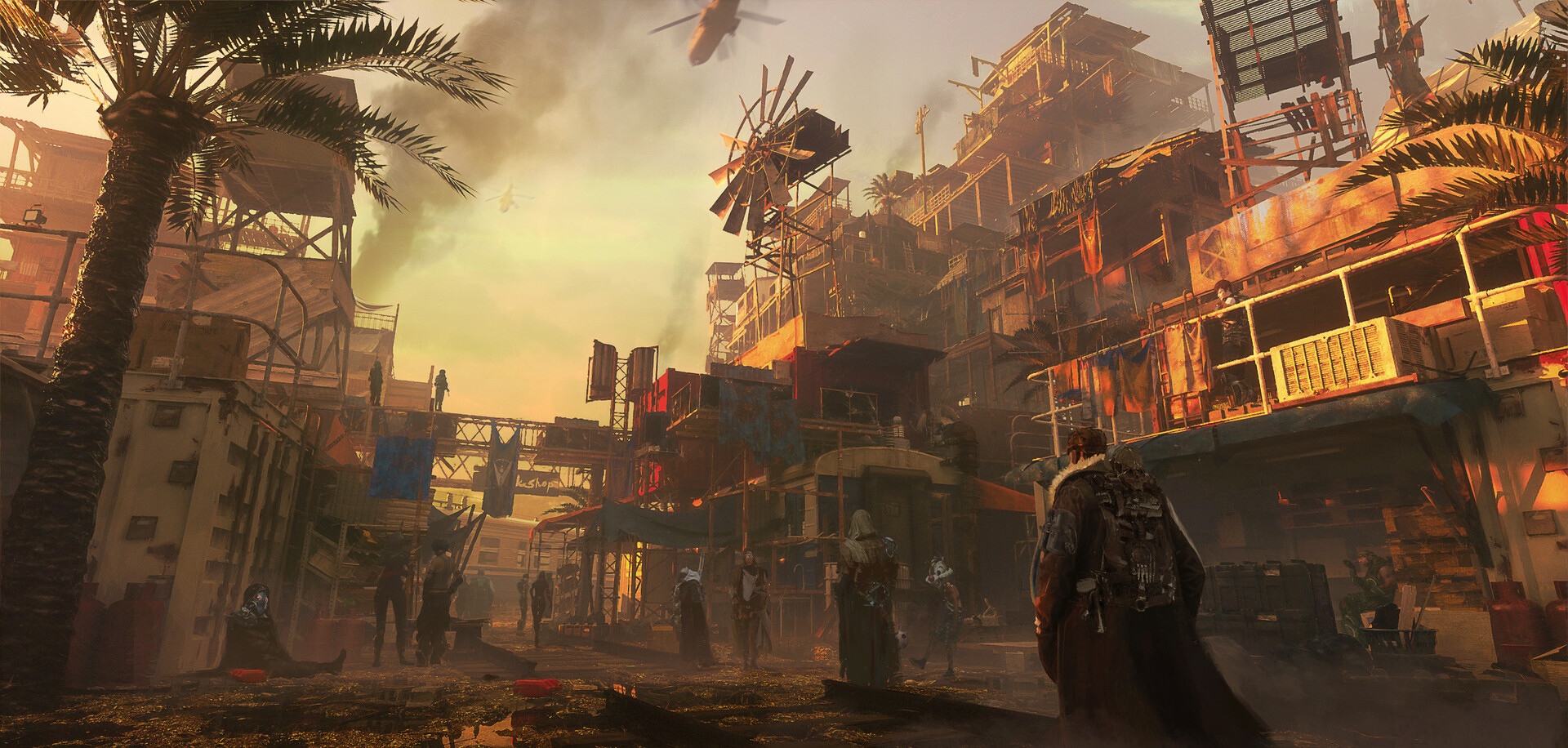 Post-apocalyptic city with windmills and palm trees HD Wallpaper