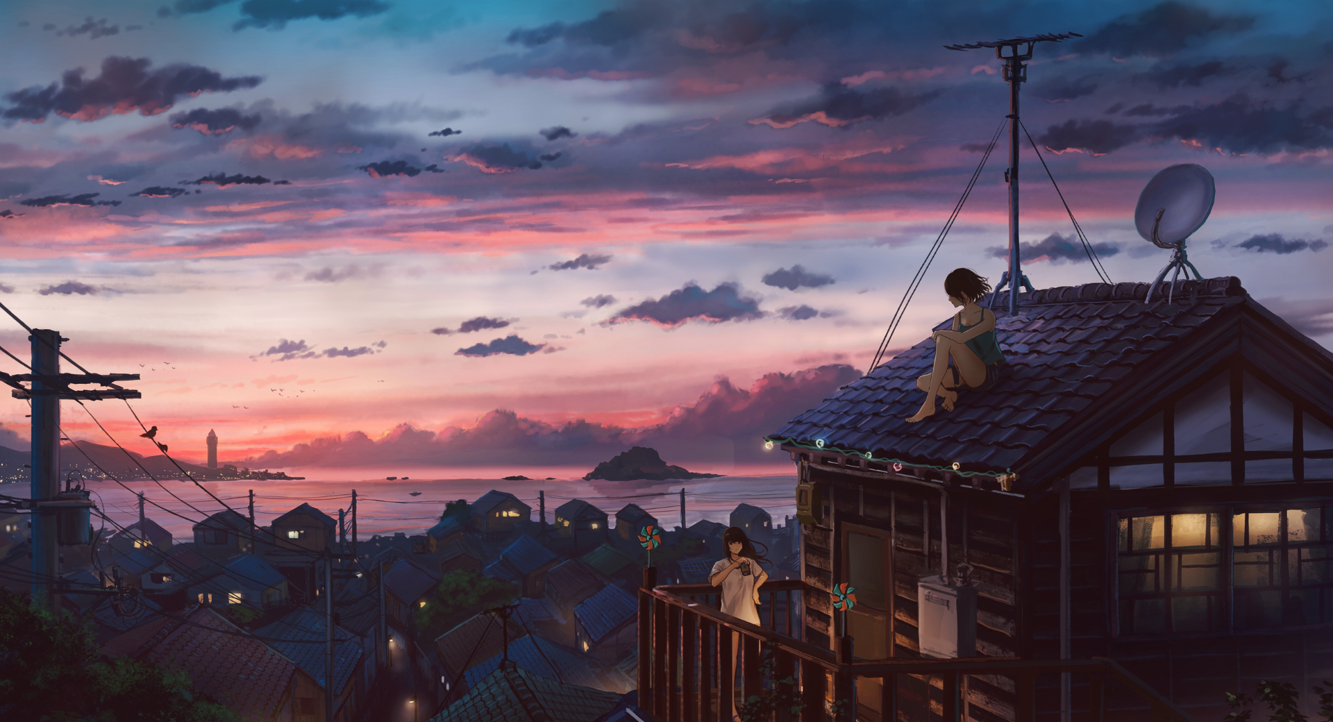 Two women on a balcony and rooftop at sunset HD Wallpaper