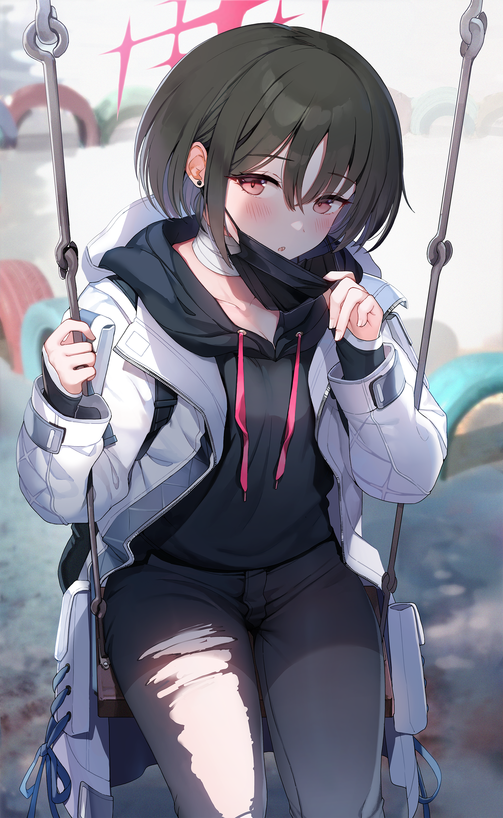 Anime girl with red eyes on a swing holding a mask HD Phone Wallpaper