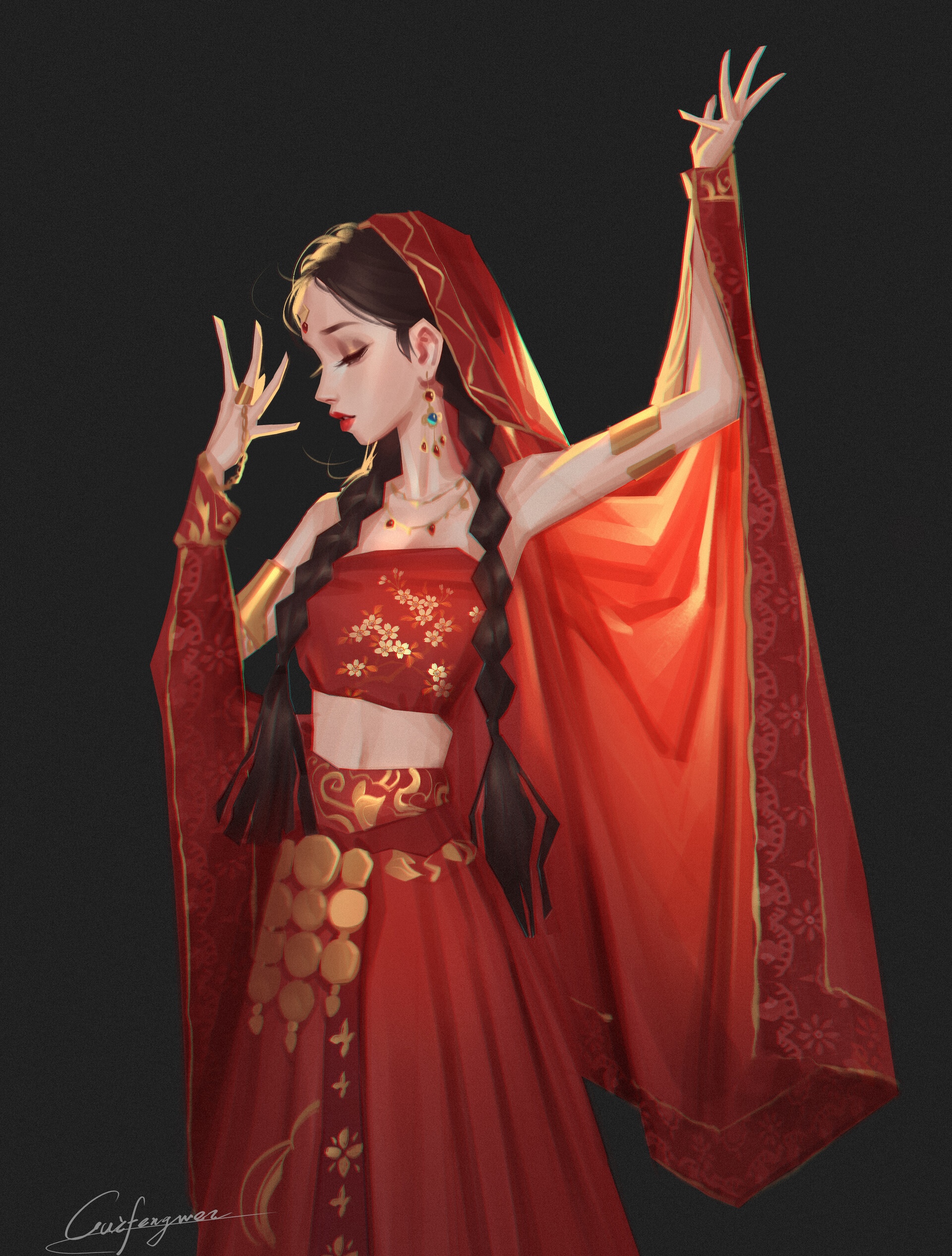 Fantasy art of a woman in red traditional clothing HD Phone Wallpaper