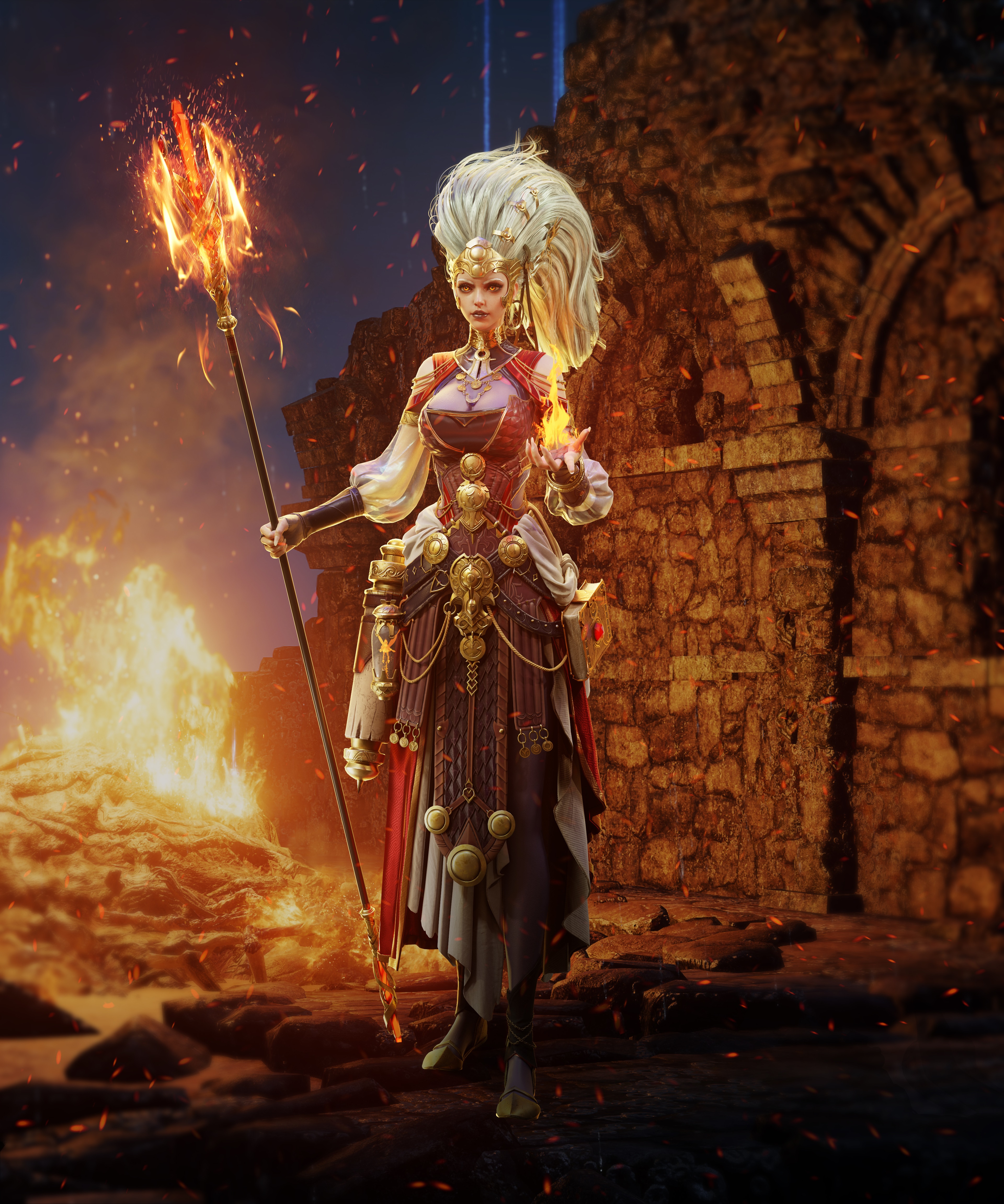 4K Fantasy Woman with Fire Staff and Magic HD Phone Wallpaper