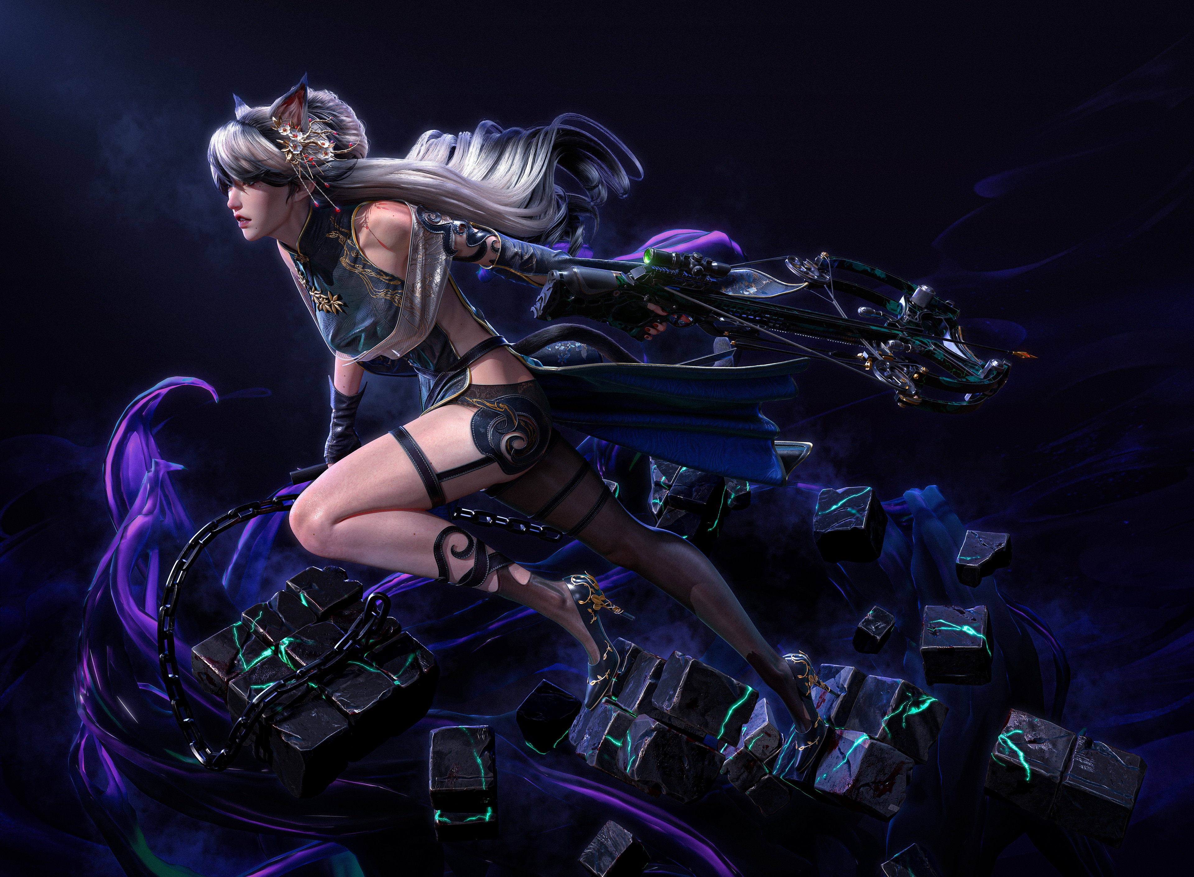 Fantasy girl with animal ears and crossbow HD Wallpaper