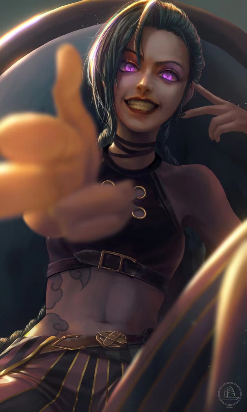 Jinx from League of Legends with glowing purple eyes HD Phone Wallpaper