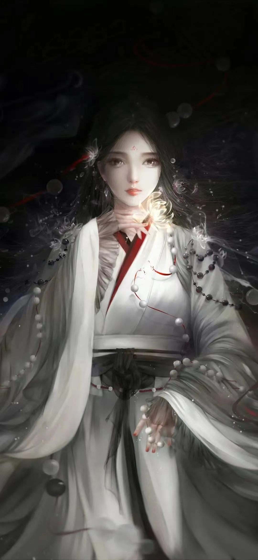 A woman in a white Chinese dress with red trim HD Phone Wallpaper