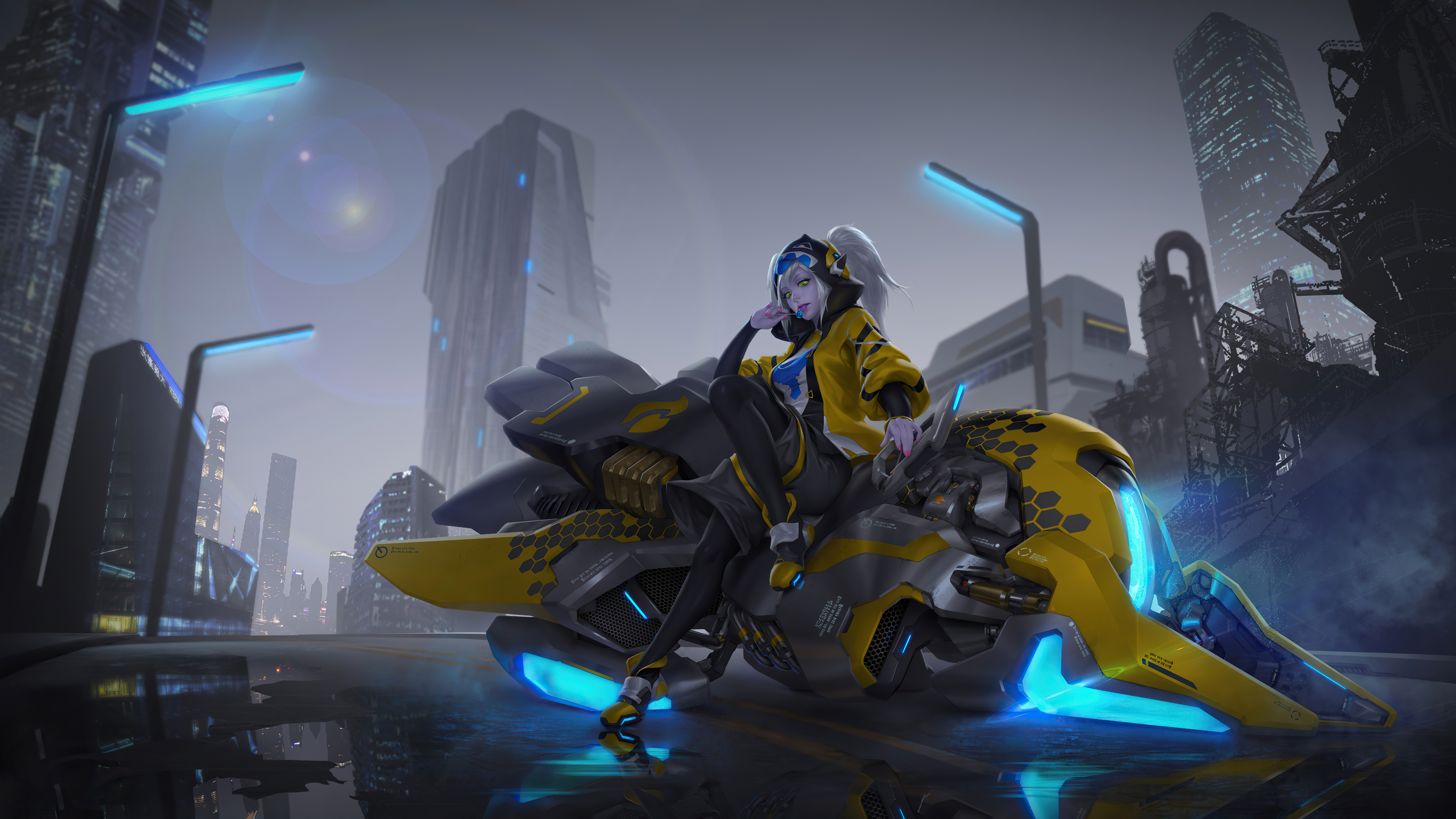 Sci Fi Woman with White Hair on Futuristic Motorcycle 4K HD Wallpaper