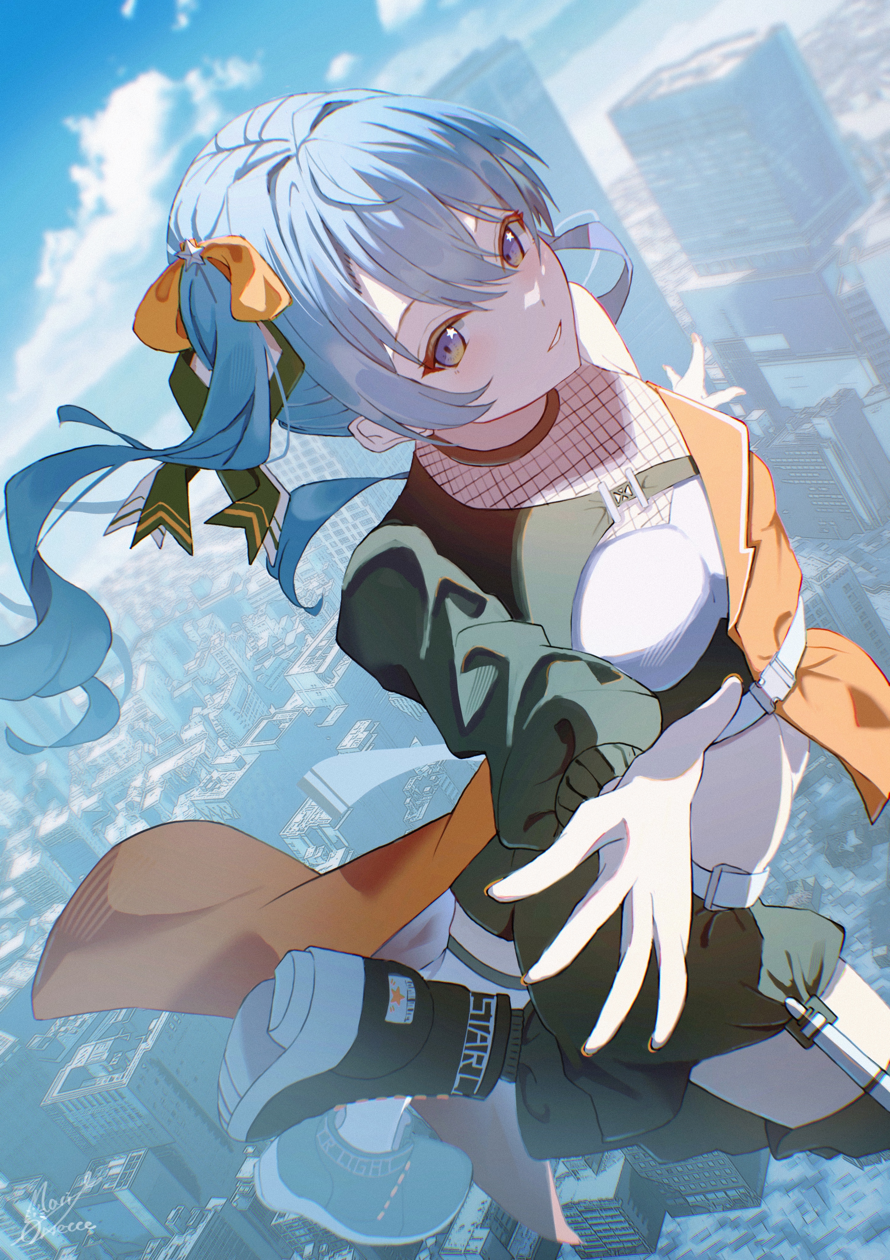 Anime girl with blue hair flying over a city HD Phone Wallpaper