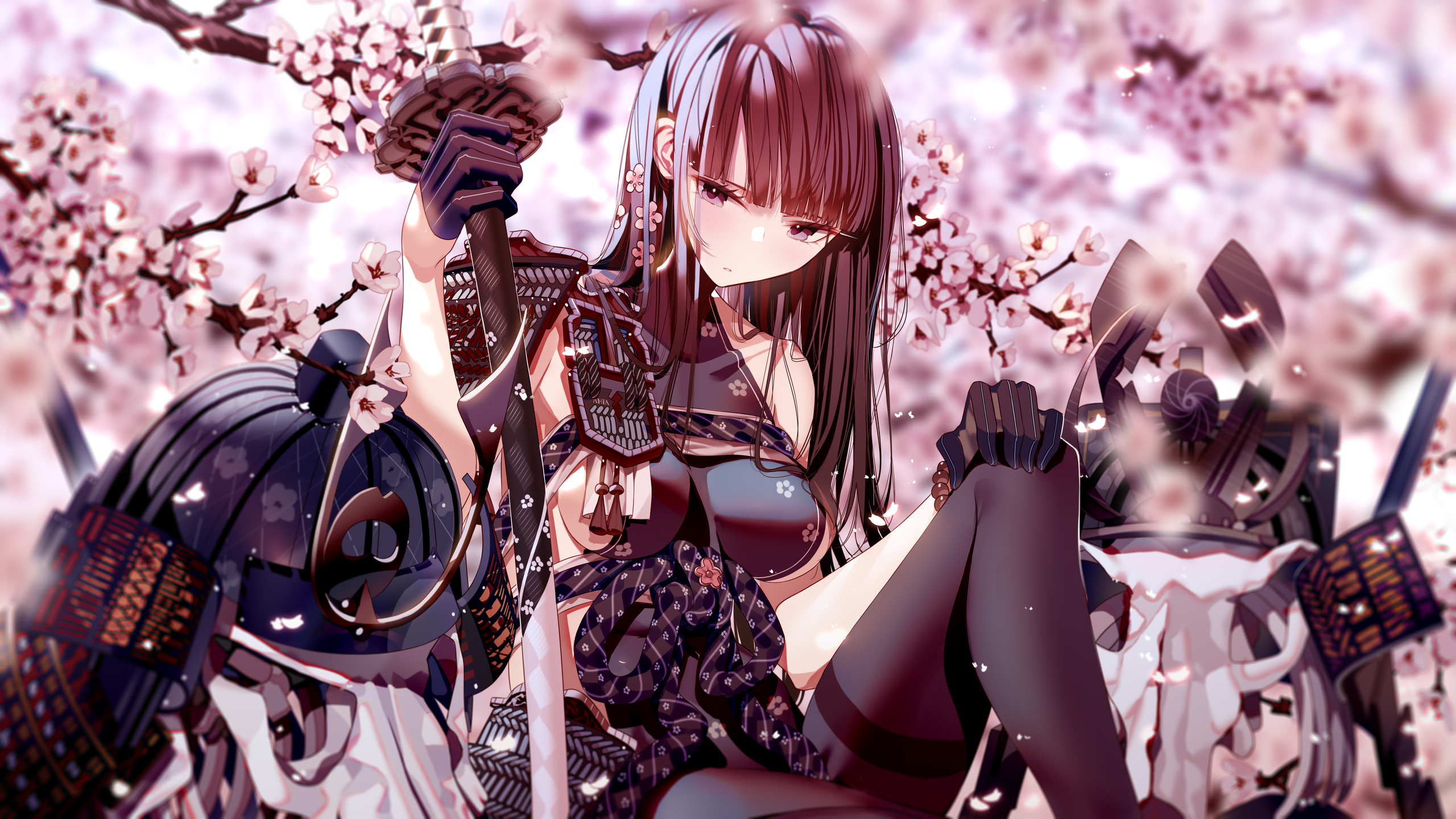 Samurai girl with katana among cherry blossoms HD Wallpaper