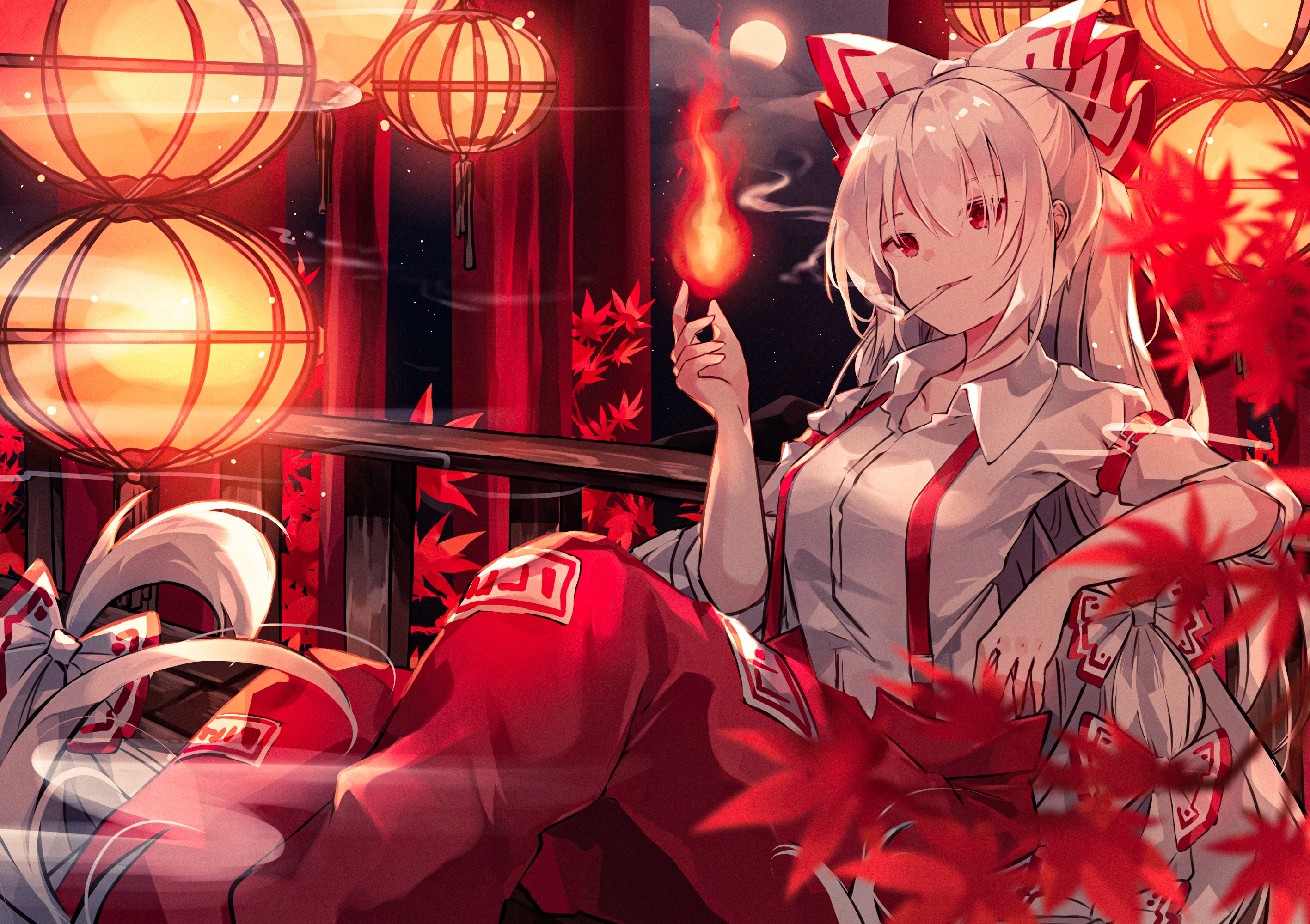 Fujiwara no Mokou from Touhou with fire HD Wallpaper