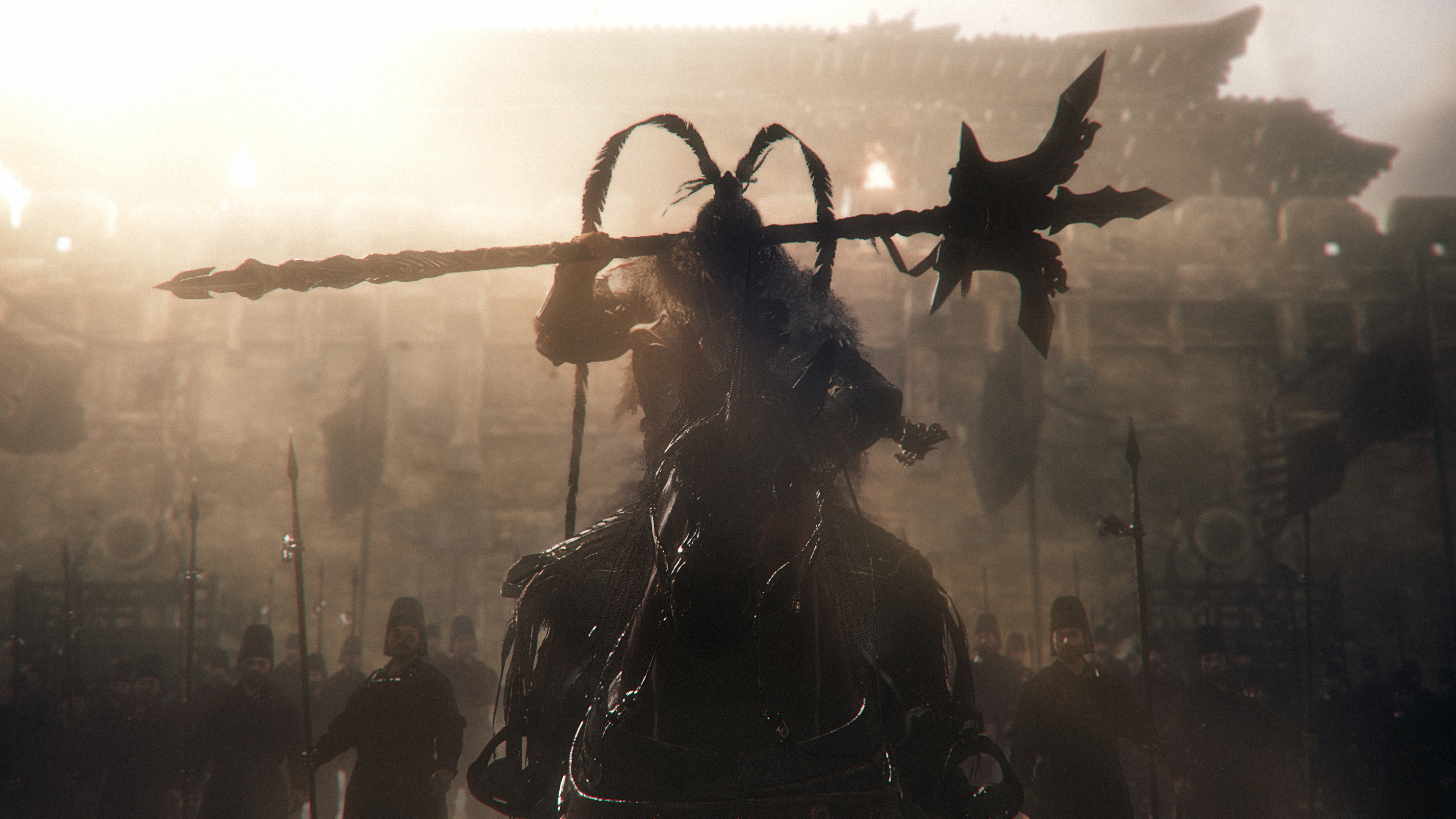 4K Lü Bu with a halberd and soldiers HD Wallpaper