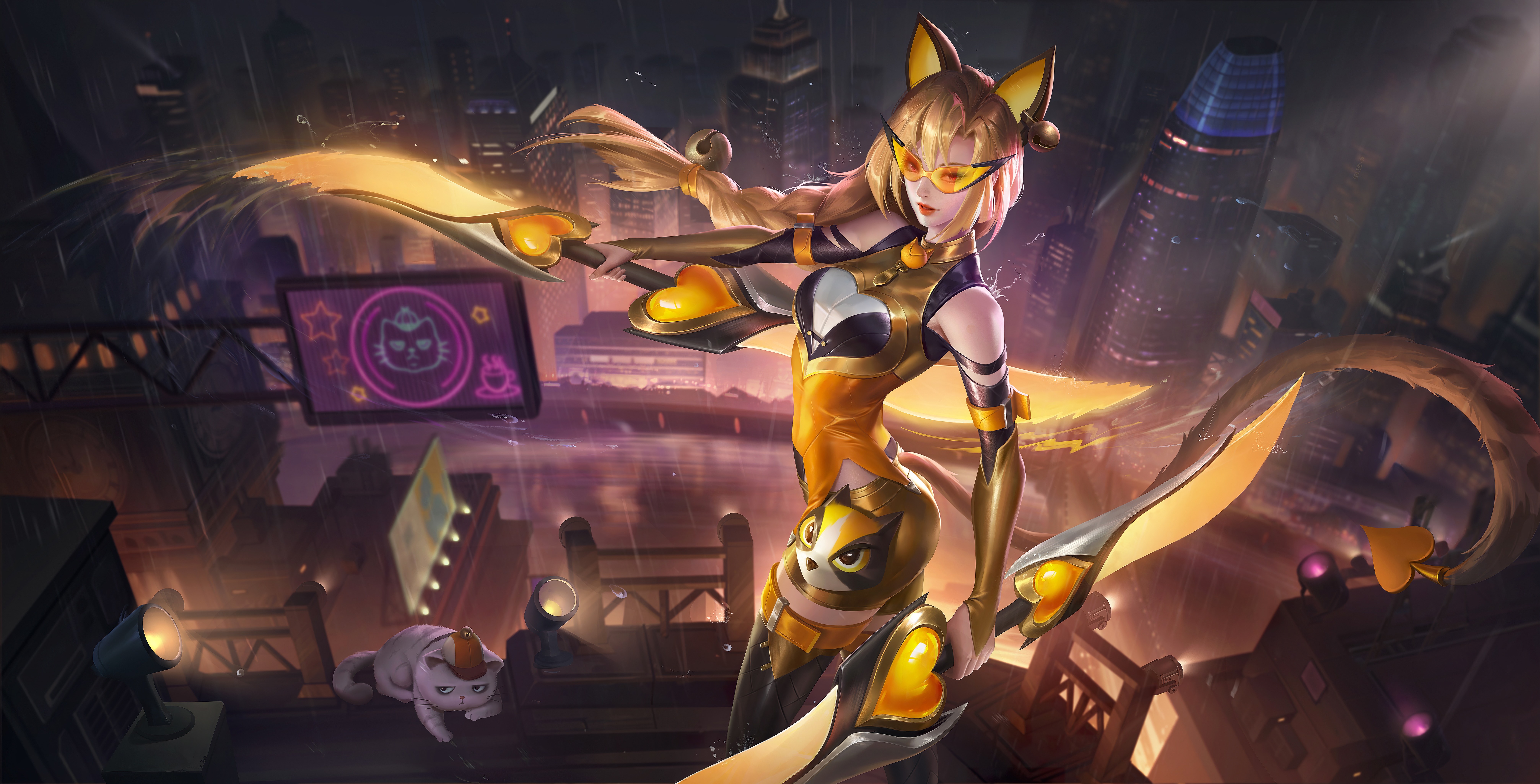 4K Honor of Kings cat girl with swords in city HD Wallpaper