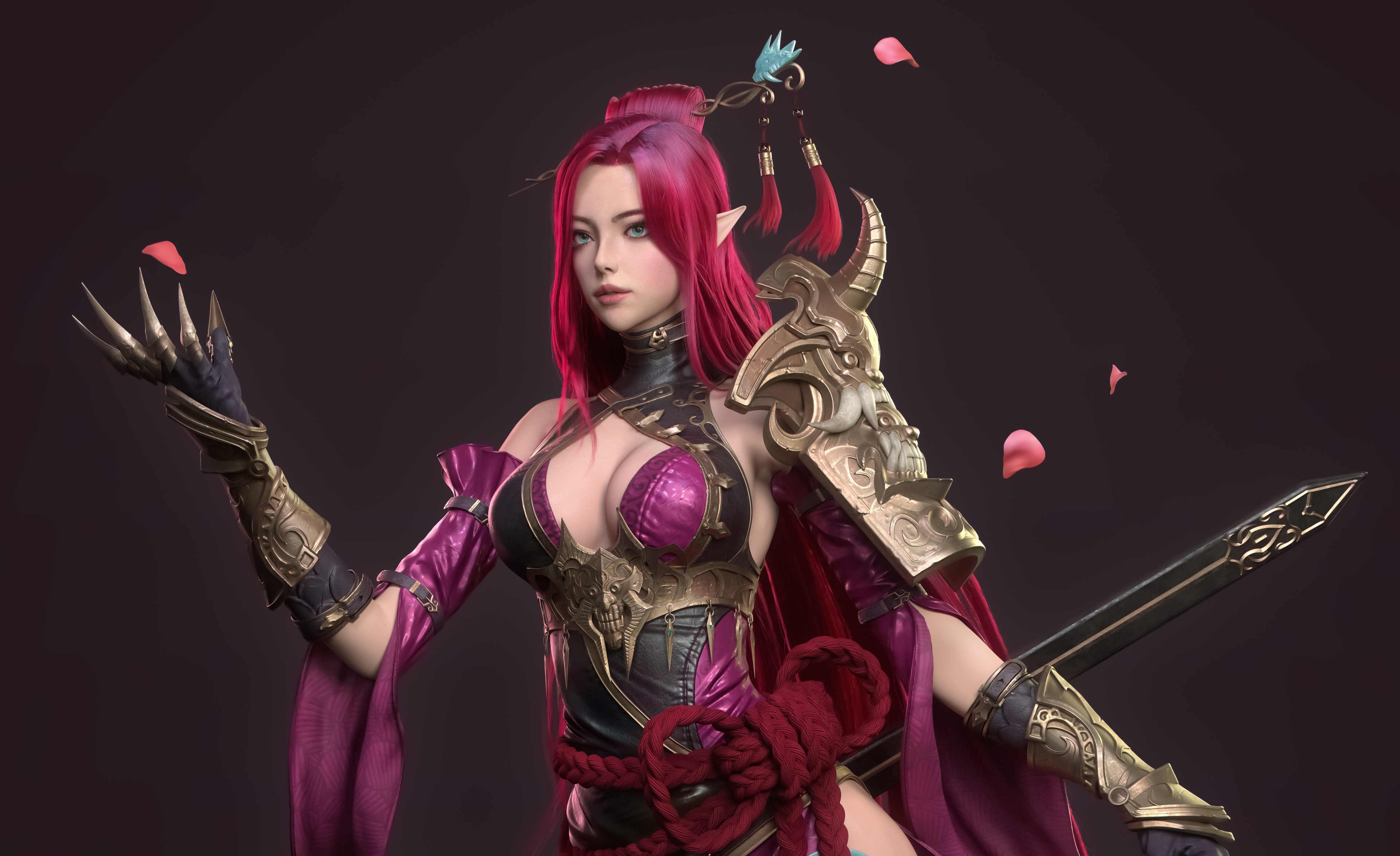 4K magenta-haired woman with sword and petals HD Wallpaper
