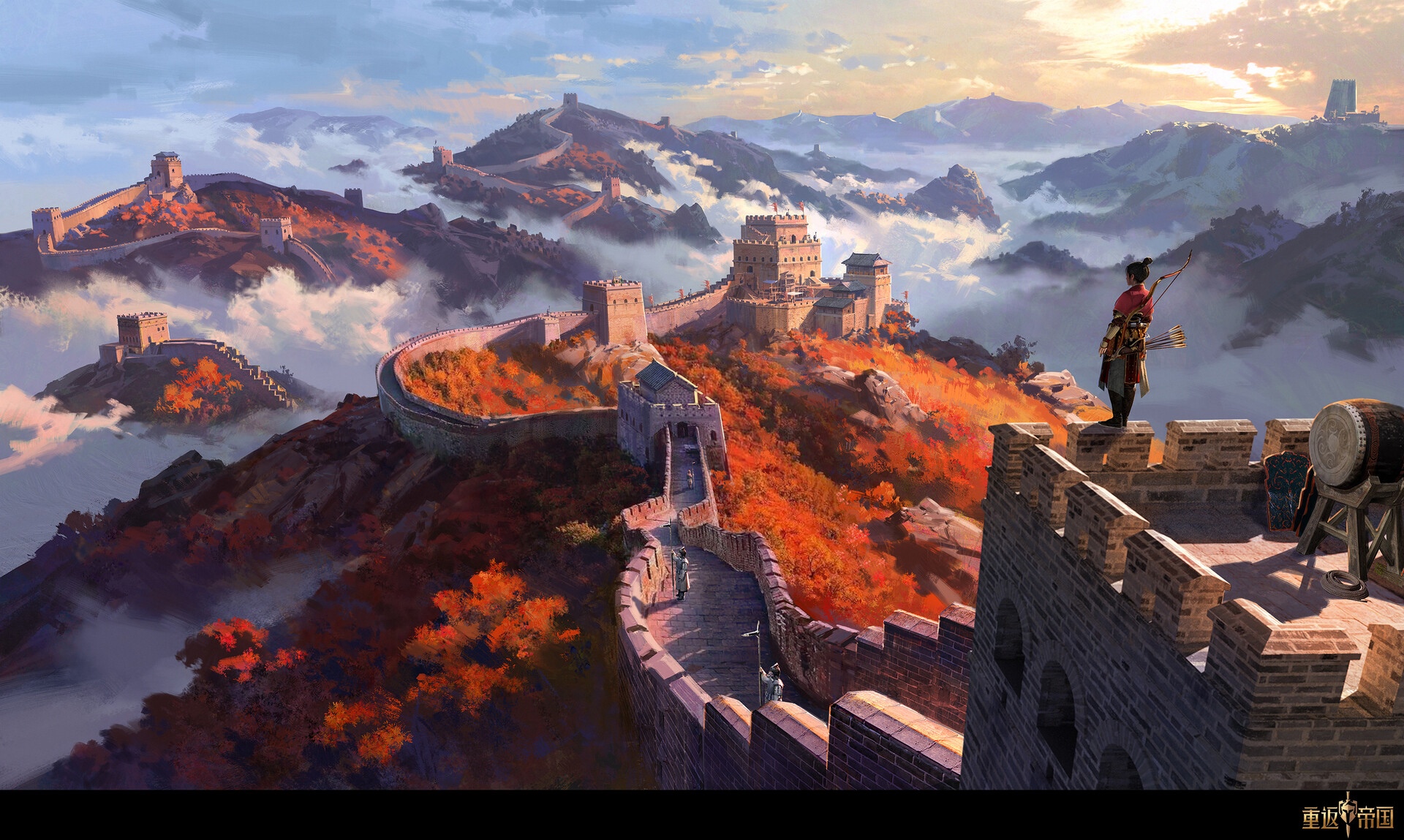 Great Wall of China with autumn foliage and clouds HD Wallpaper