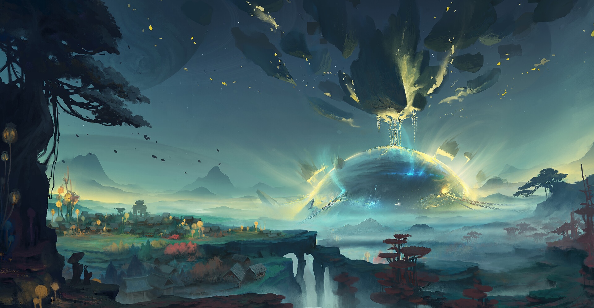 Floating islands over a mystical landscape with mountains HD Wallpaper
