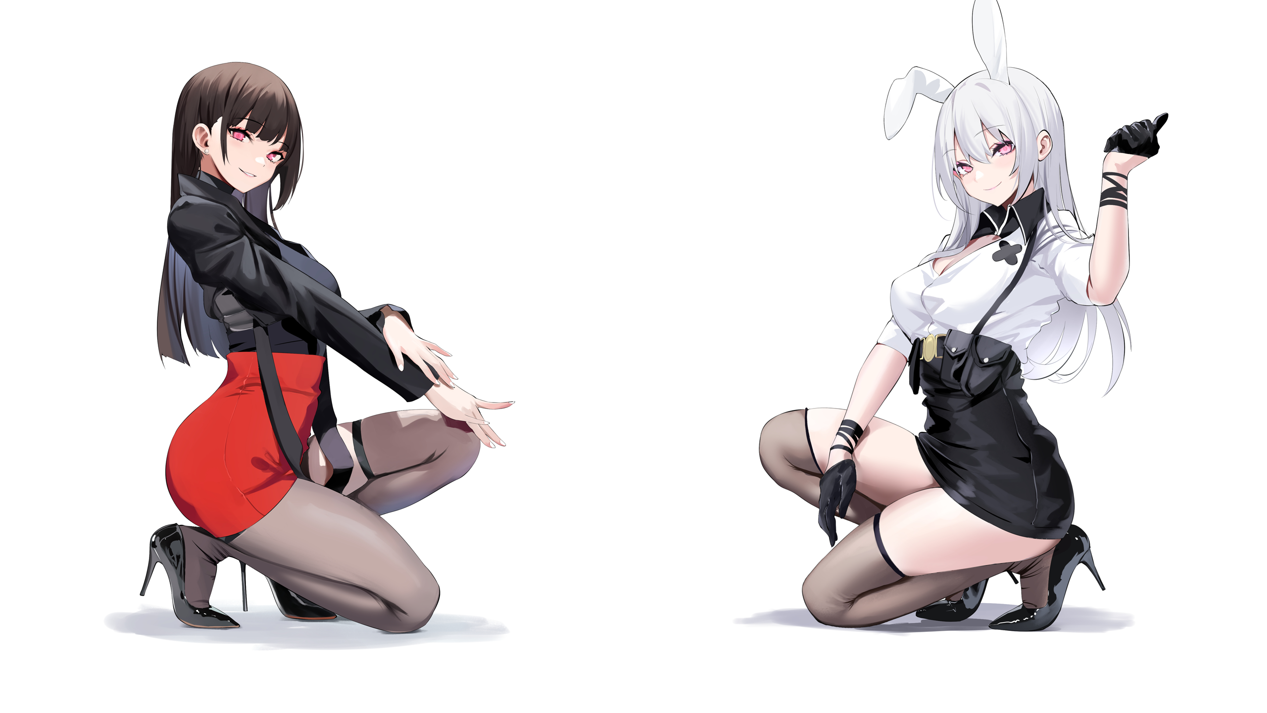 Two anime girls in skirts and thigh-highs on white background HD Wallpaper