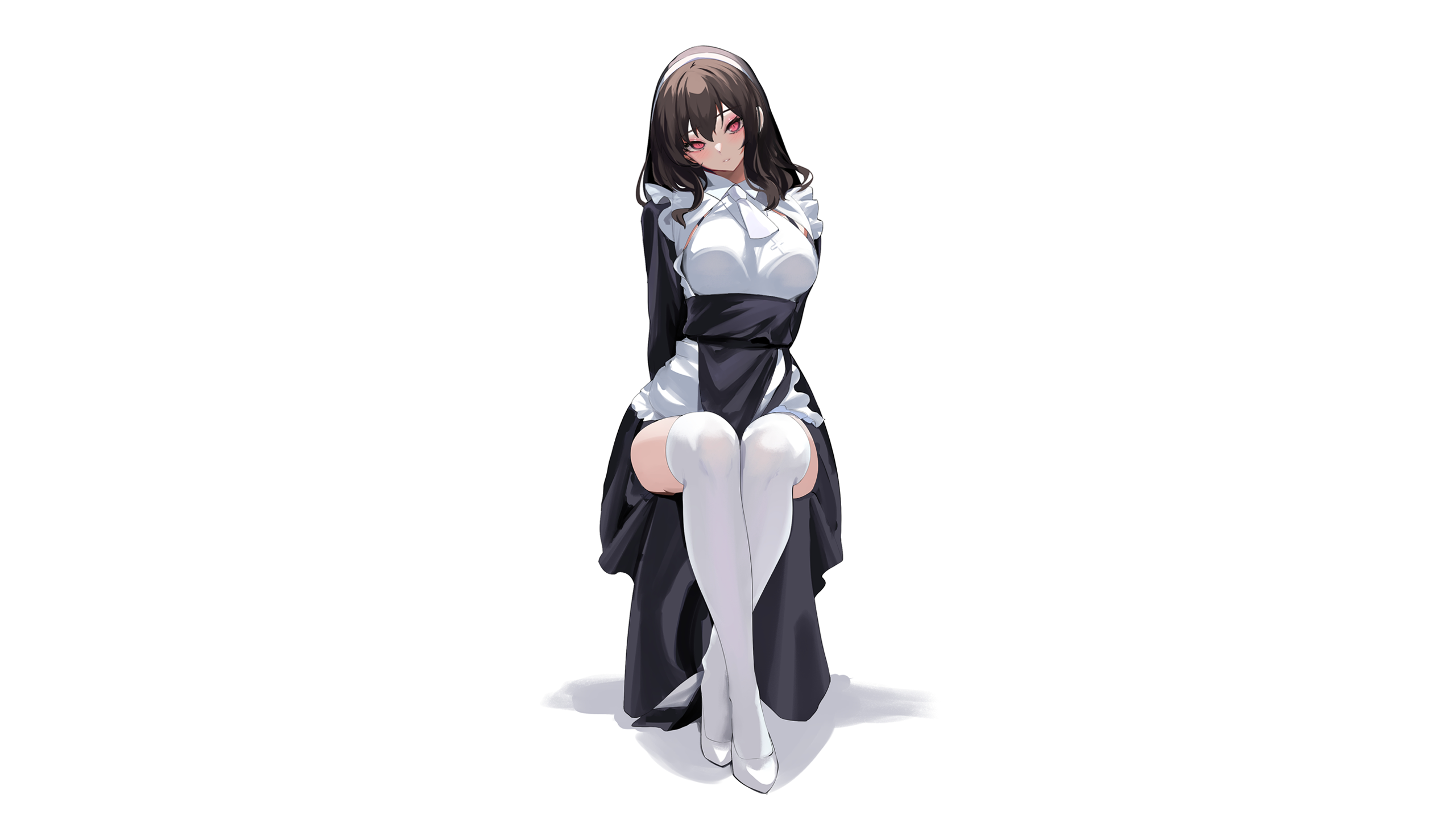 Maid with white stockings and thigh-highs HD Wallpaper