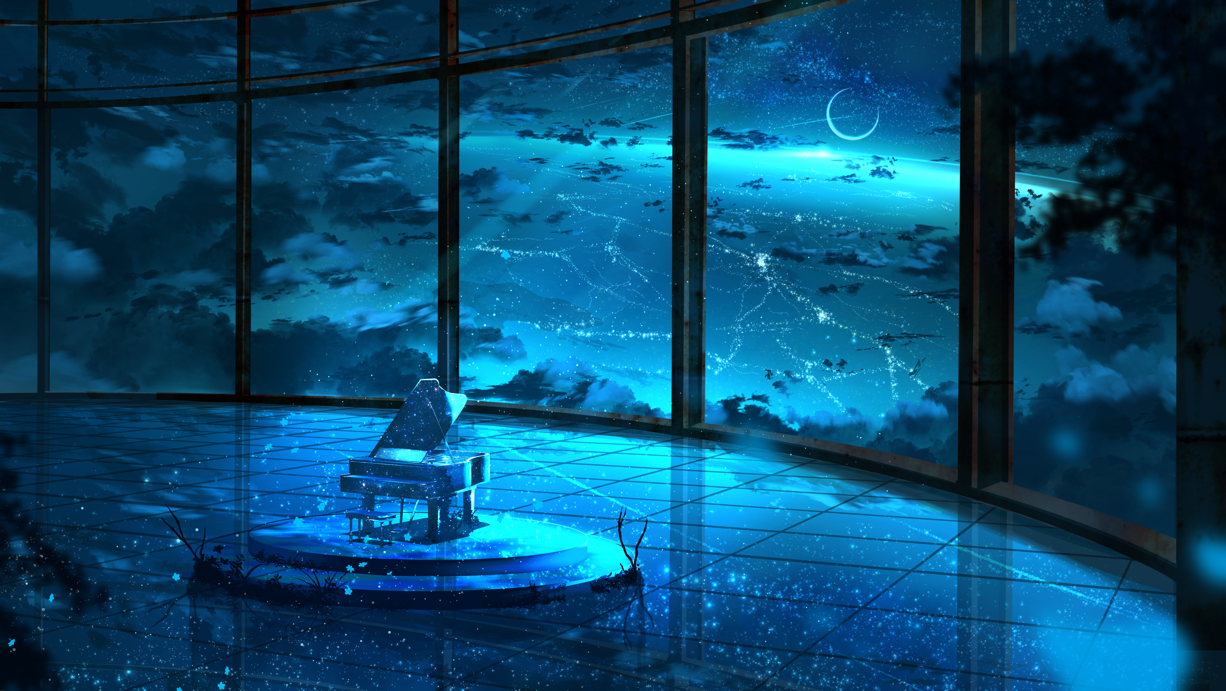 4K Starry Night Piano in a Futuristic Room HD Wallpaper