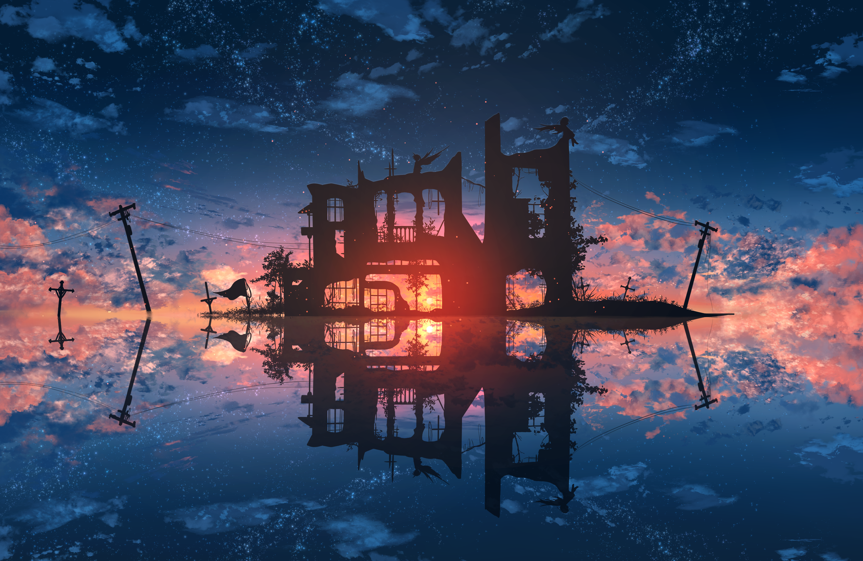 Ruined building reflected in water at sunset HD Wallpaper