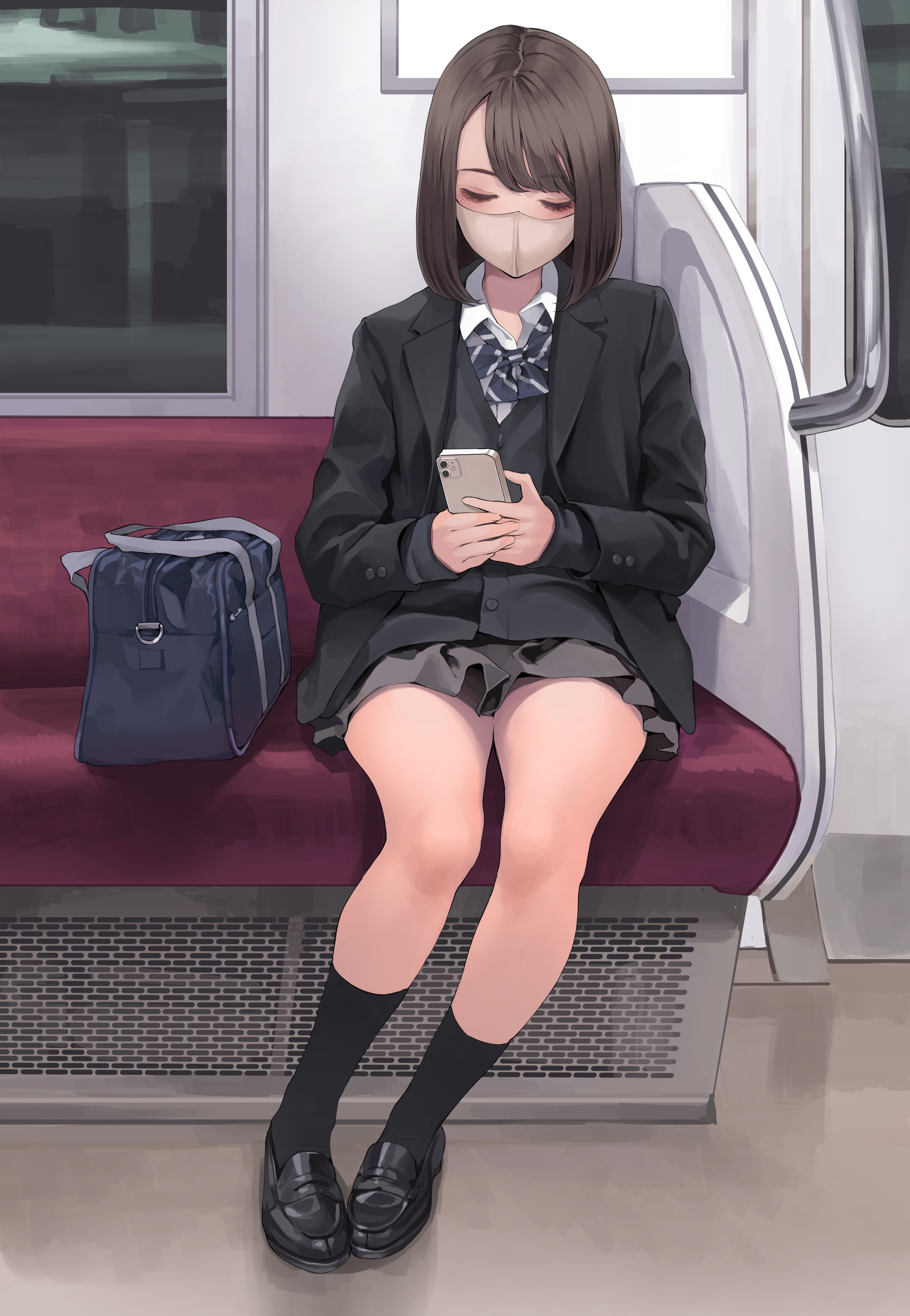 Anime schoolgirl wearing a mask on a train HD Phone Wallpaper