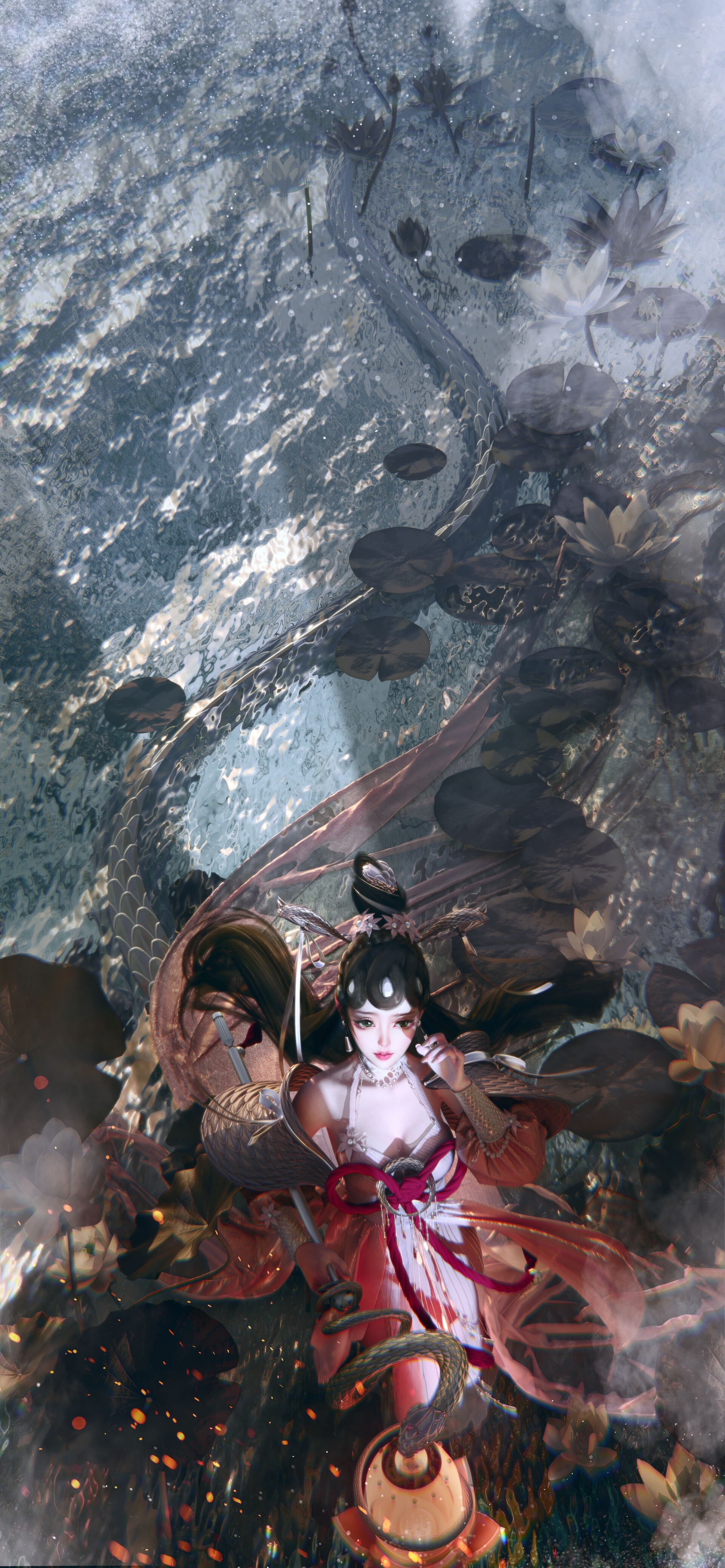 Lu Jieyun with a snake and lotus flowers HD Phone Wallpaper