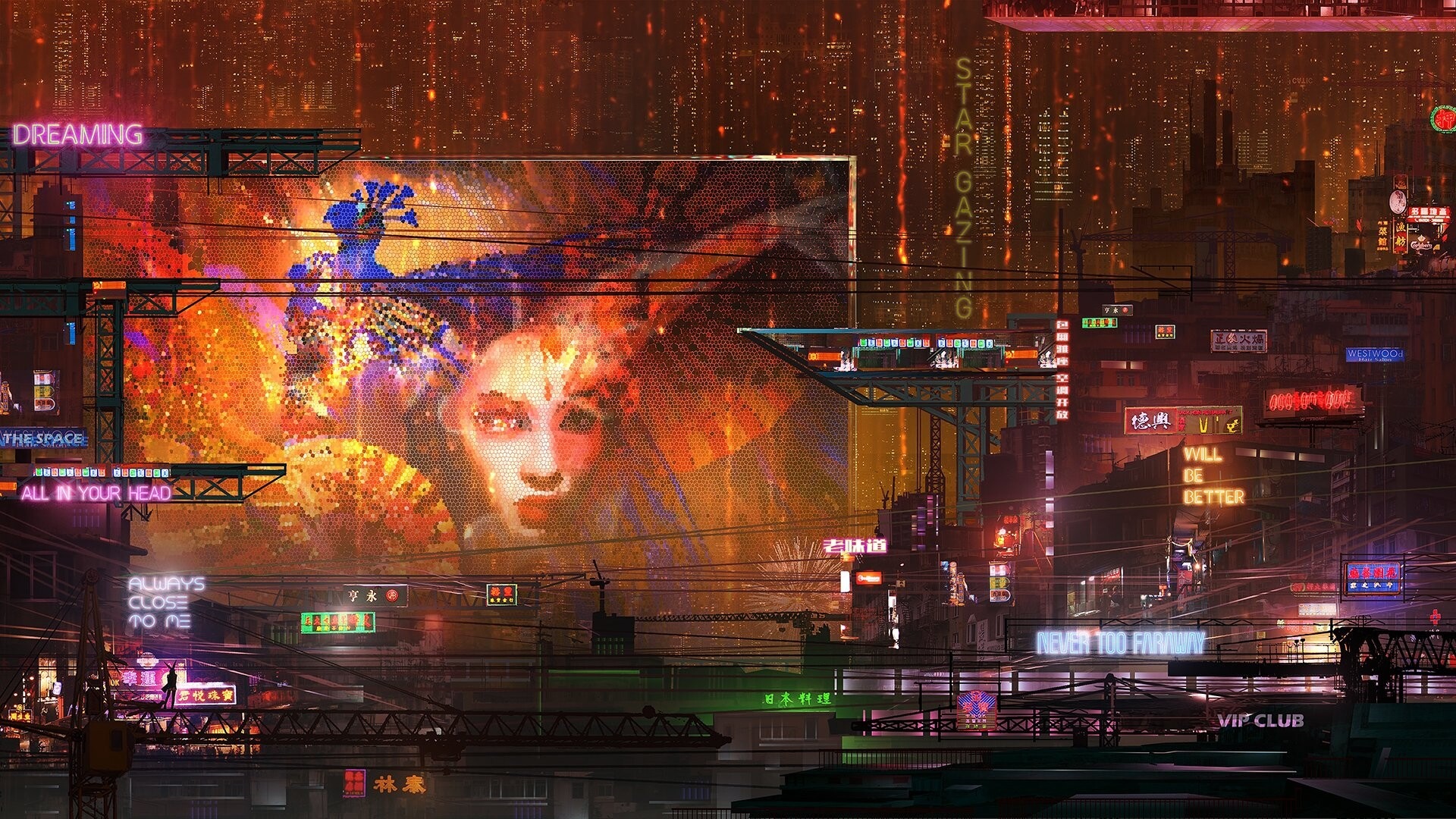 Cyberpunk city with mosaic portrait and neon signs HD Wallpaper