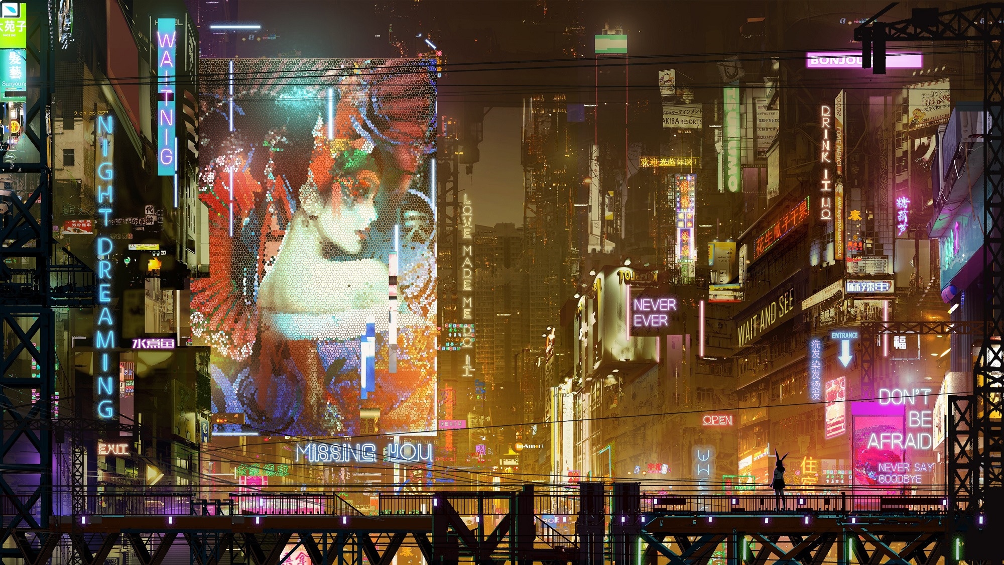 Cyberpunk city with neon signs and a mosaic portrait HD Wallpaper