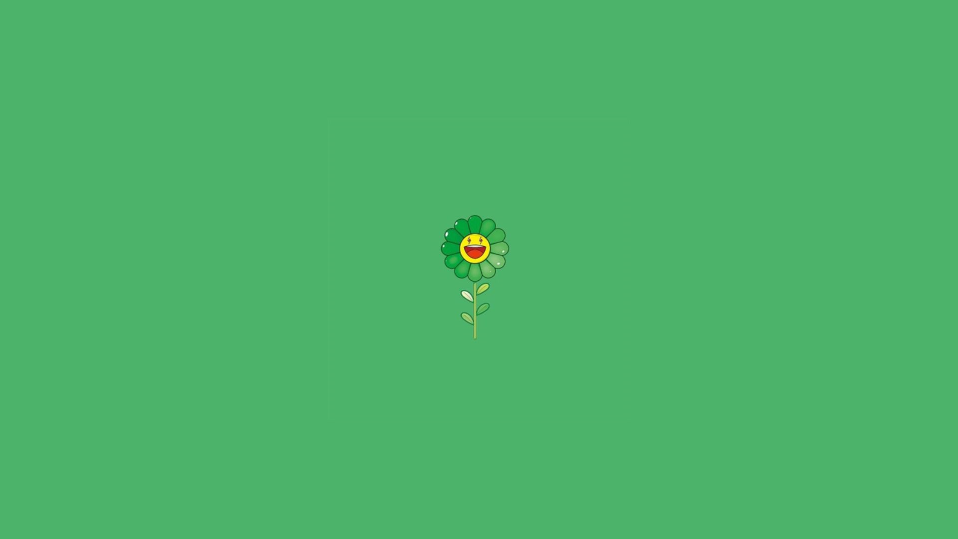 Green flower with smiley face on green background HD Wallpaper
