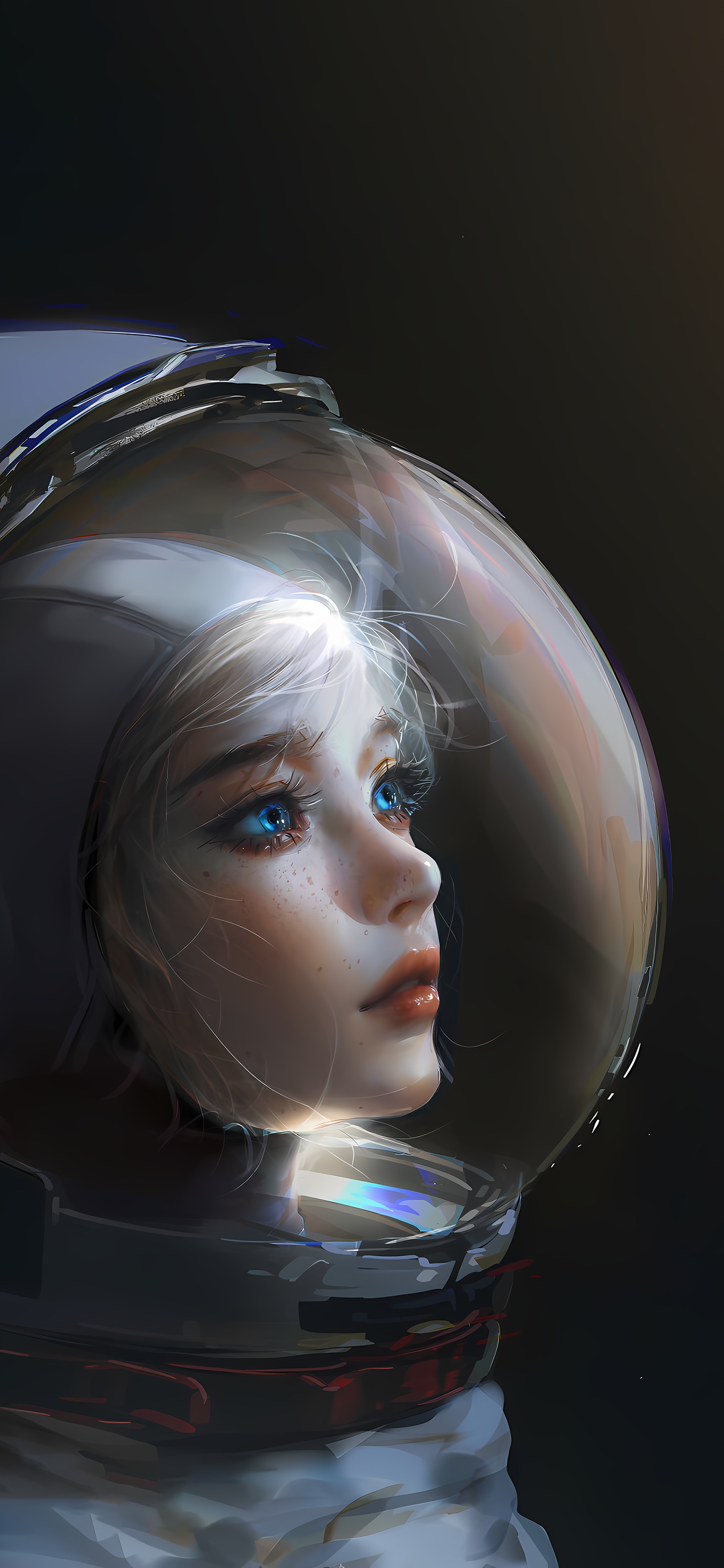 Girl in a spacesuit looking up HD Phone Wallpaper